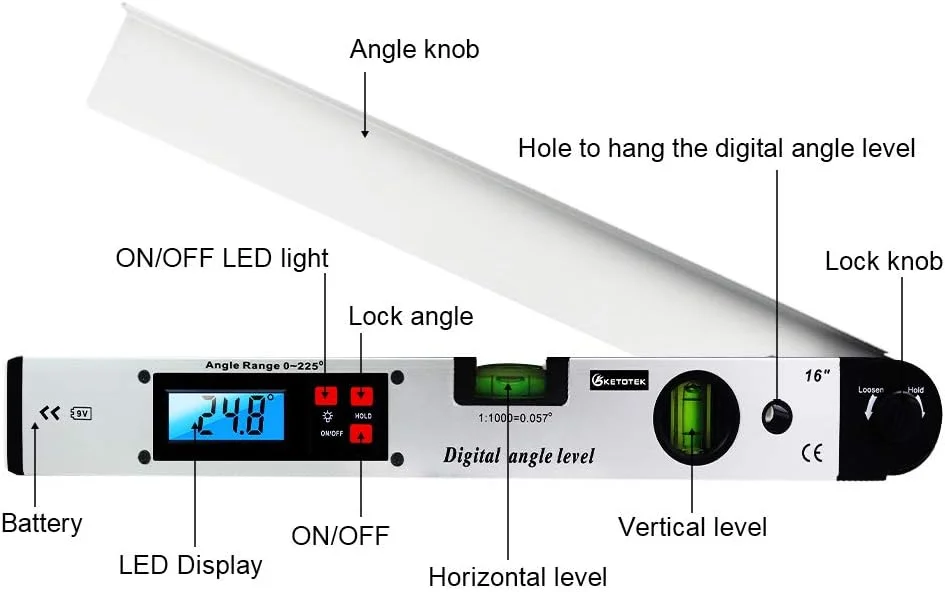 زاویه سنج دیجیتال 400 میلی متری SKEIDO 0-225 درجه با تراز حبابی دوگانه، ابزار اندازه گیری