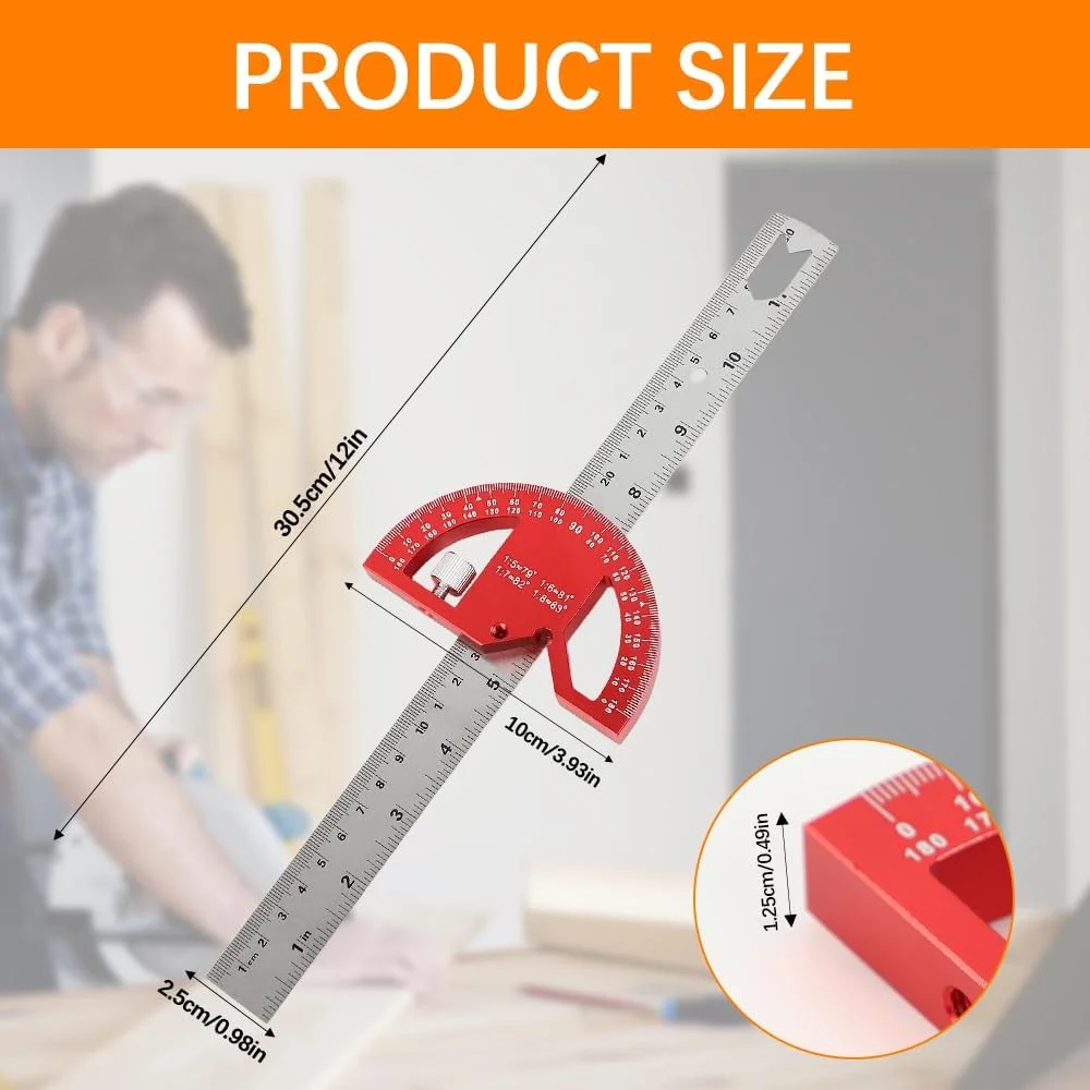 نقاله، نقاله فلزی، زاویه سنج ترکیبی جهانی با خط کش برای علامت گذاری دقیق، طراحی، برای مدرسه، نجاری، نقاشی DIY، طراحی، علامت گذاری، قرمز، 30 سانتی متر