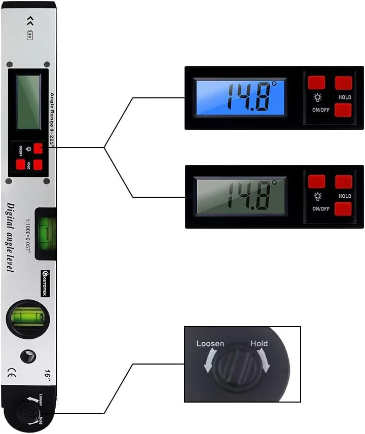 زاویه سنج دیجیتال 400 میلی متری SKEIDO 0-225 درجه با تراز حبابی دوگانه، ابزار اندازه گیری