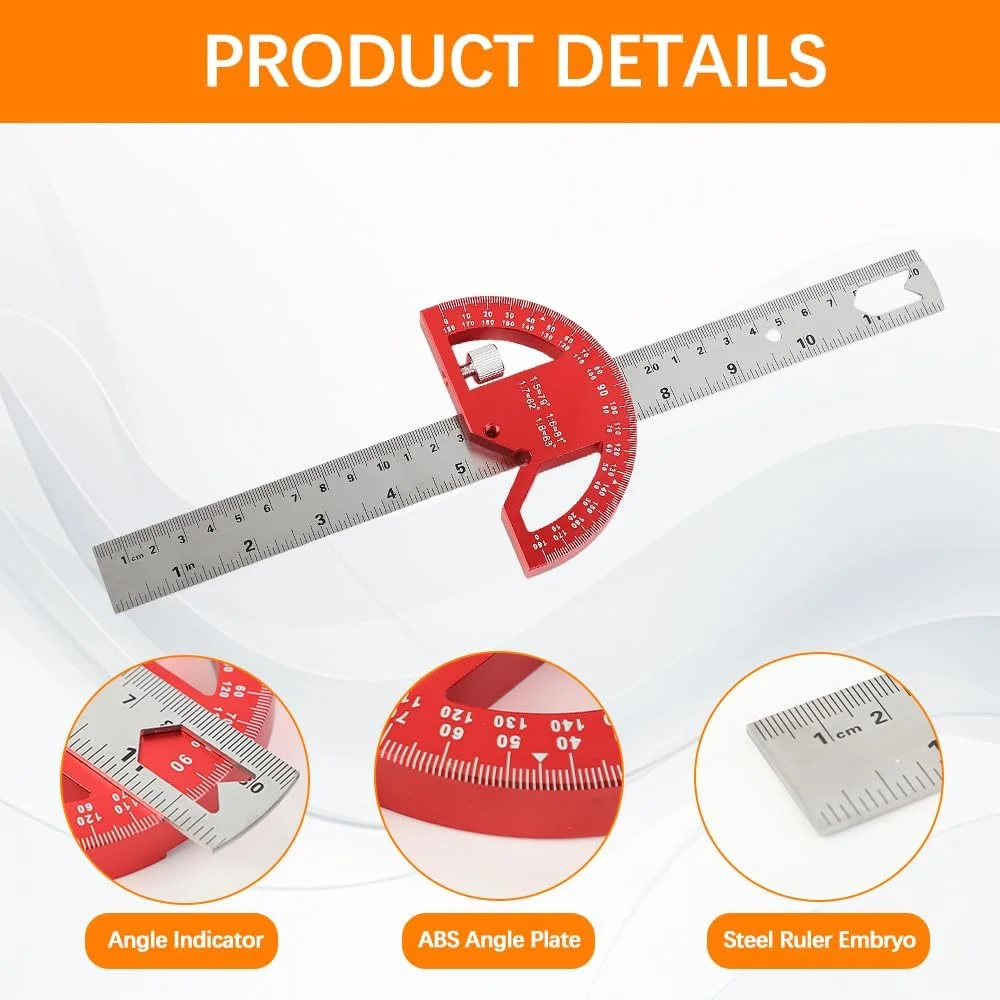 نقاله، نقاله فلزی، زاویه سنج ترکیبی جهانی با خط کش برای علامت گذاری دقیق، طراحی، برای مدرسه، نجاری، نقاشی DIY، طراحی، علامت گذاری، قرمز، 30 سانتی متر