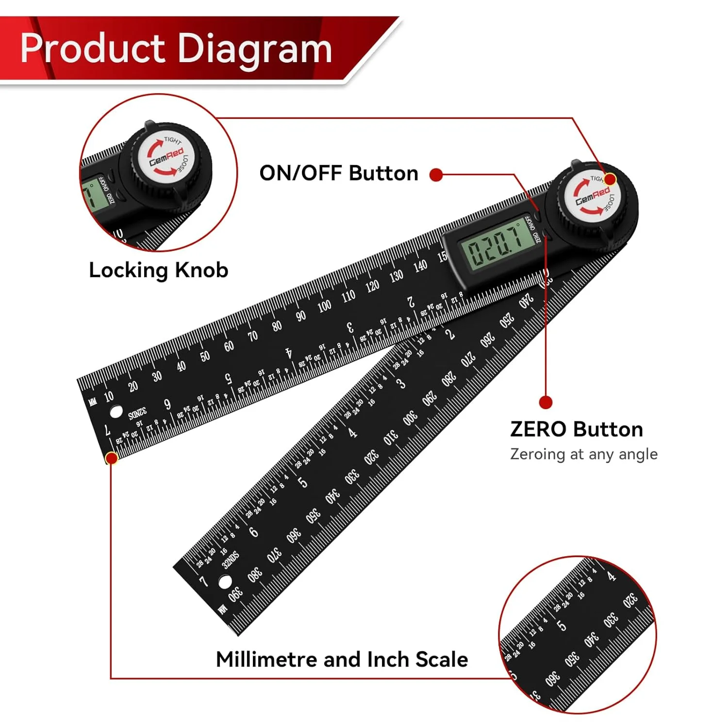 زاویه یاب دیجیتال آلومینیومی GemRed 82305