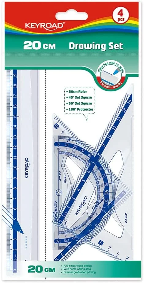 مجموعه لوازم هندسه مدرسه Keyroad - خط کش 20 سانتی متری - گونیا 45 درجه - گونیا 60 درجه - نقاله 180 درجه - جنس پلاستیک مقاوم