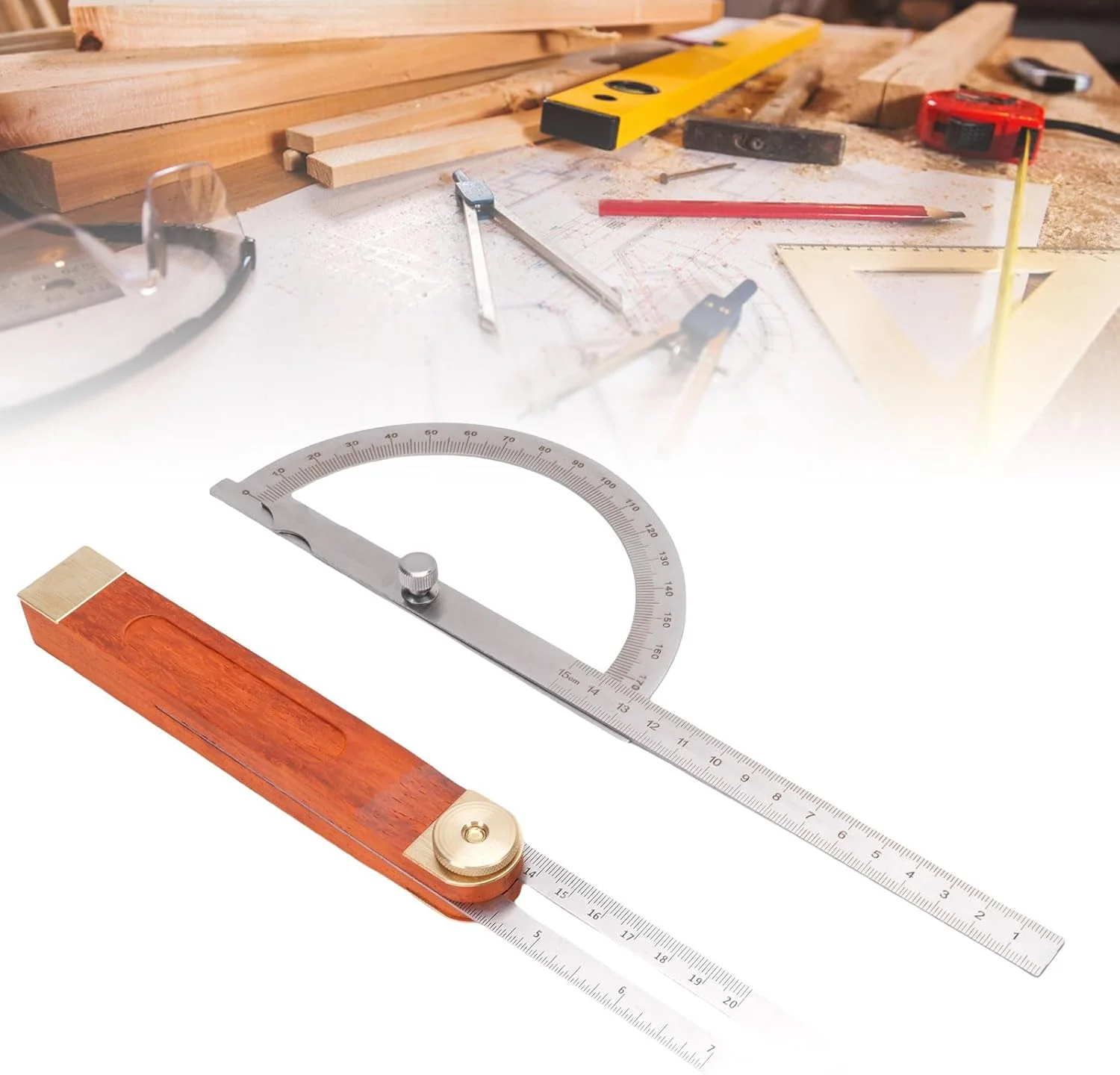 مجموعه نقاله زاویه یاب، فولاد ضد زنگ، برنج و چوب، نقاله زاویه قابل تنظیم، خط کش اریب کشویی T برای نجاری