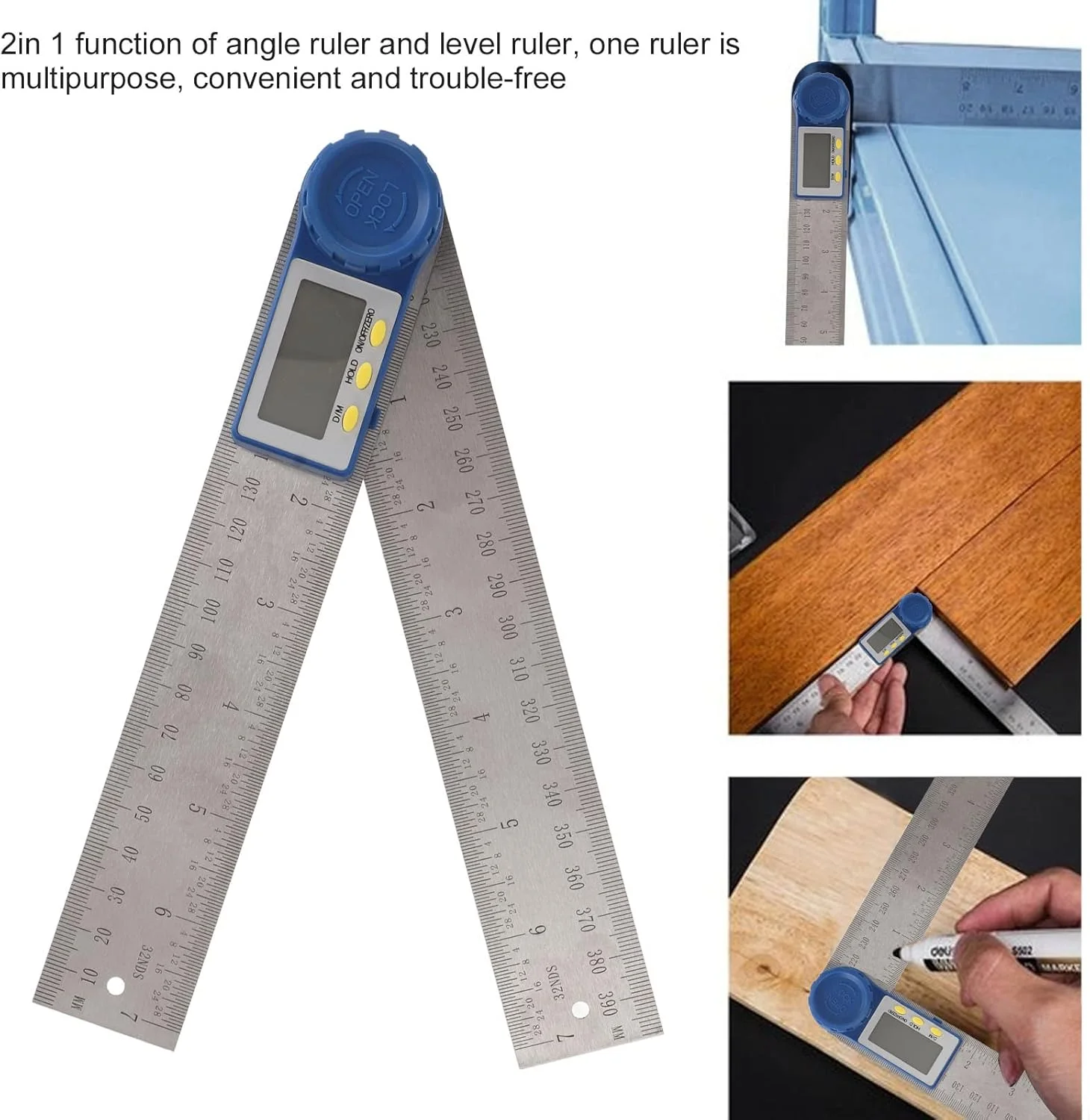 زاویه یاب دیجیتال، خط کش زاویه دیجیتال استیل ضد زنگ، ابزار اندازه گیری 360 درجه با صفحه نمایش LED، گونیومتر 2 در 1 برای نجاری، ساخت و ساز و DIY