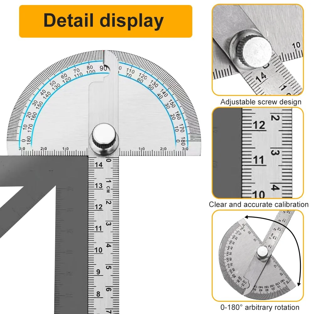 نقاله زاویه سنج استیل ضد زنگ، نقاله سر گرد 0-180 درجه، ابزار نجاری برای یافتن زوایا، ابزار ماشین‌کار، ابزار اندازه‌گیری زاویه قابل تنظیم (رنگ: نقره‌ای)