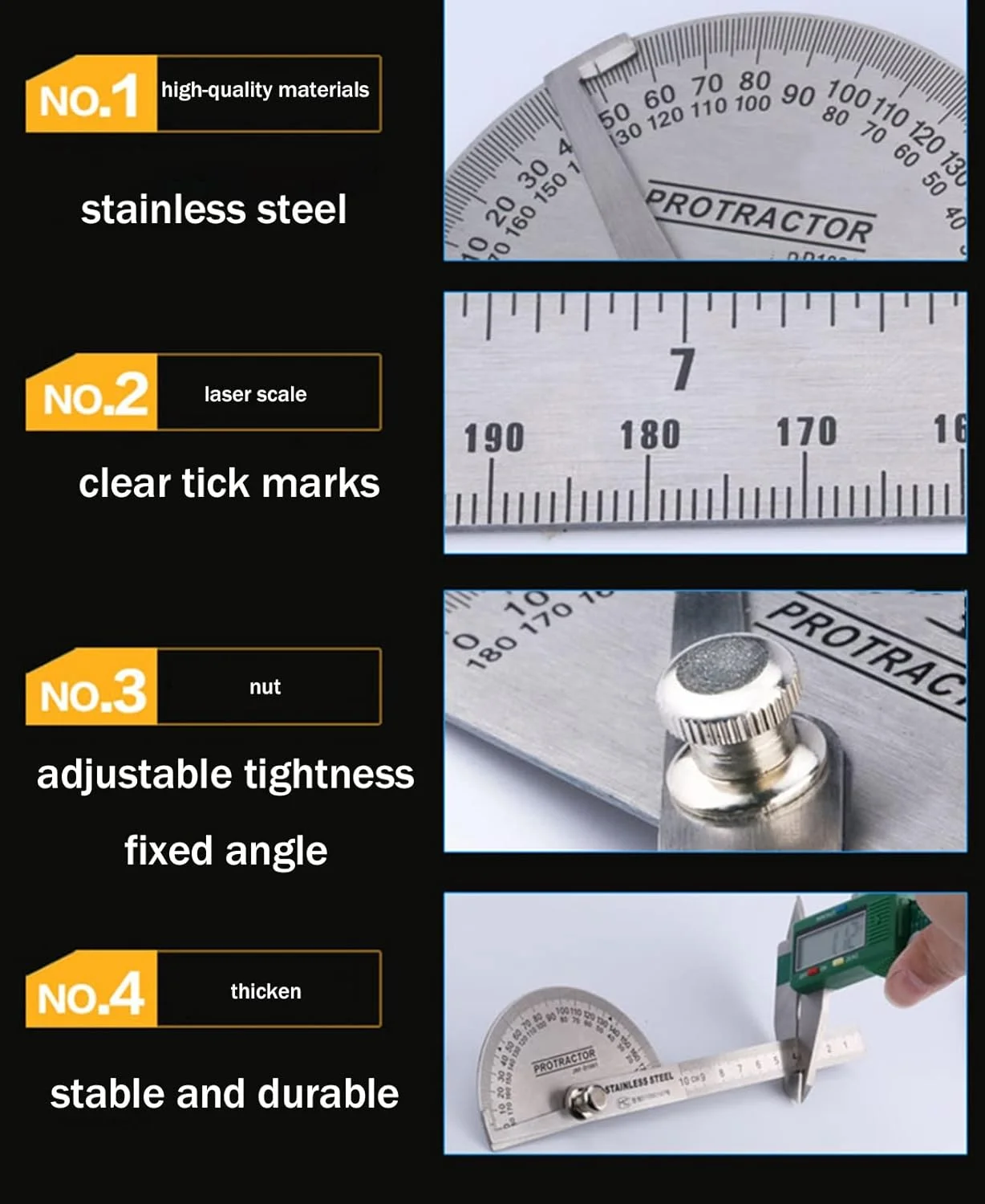 نقاله زاویه یاب استیل ضد زنگ 180 درجه، ابزار اندازه گیری زاویه، خط کش 2 در 1، نقاله تک بازو یا دو بازو برای طراحی معماری، نجاری و طراحی دانشجویی