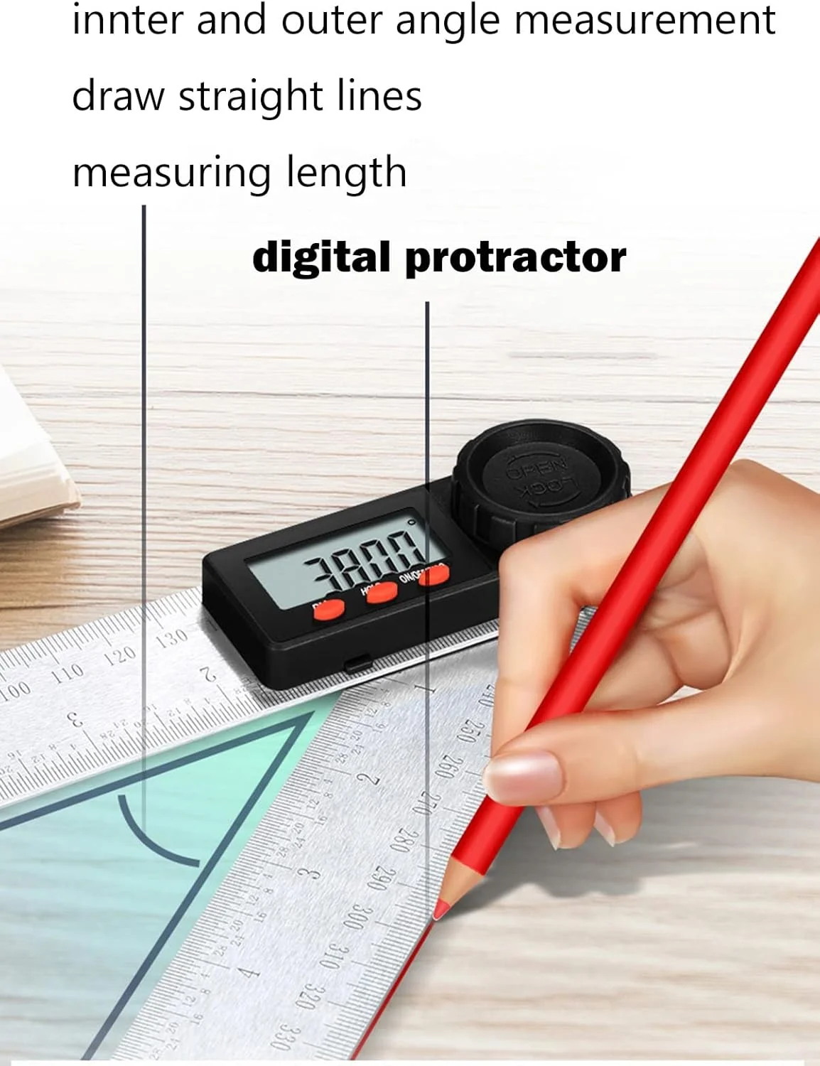 زاویه یاب دیجیتال قابل حمل 2 در 1، خط کش و نقاله استیل ضد زنگ، نقاله اره فارسی بر، صفحه نمایش LCD، محدوده اندازه گیری 360 درجه، ابزار دقیق اندازه گیری زاویه برای نجاری