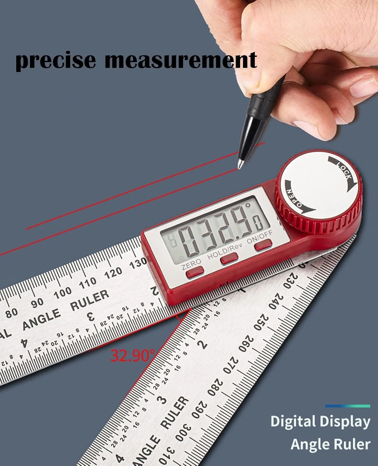 زاویه سنج دیجیتال، زاویه یاب استیل، اره فارسی بر، خط کش 2 در 1 و نقاله با علامت گذاری دوگانه، ابزار اندازه گیری زاویه 360 درجه، نقاله با محدوده 20، 30 و 50 سانتی متر برای نجاری