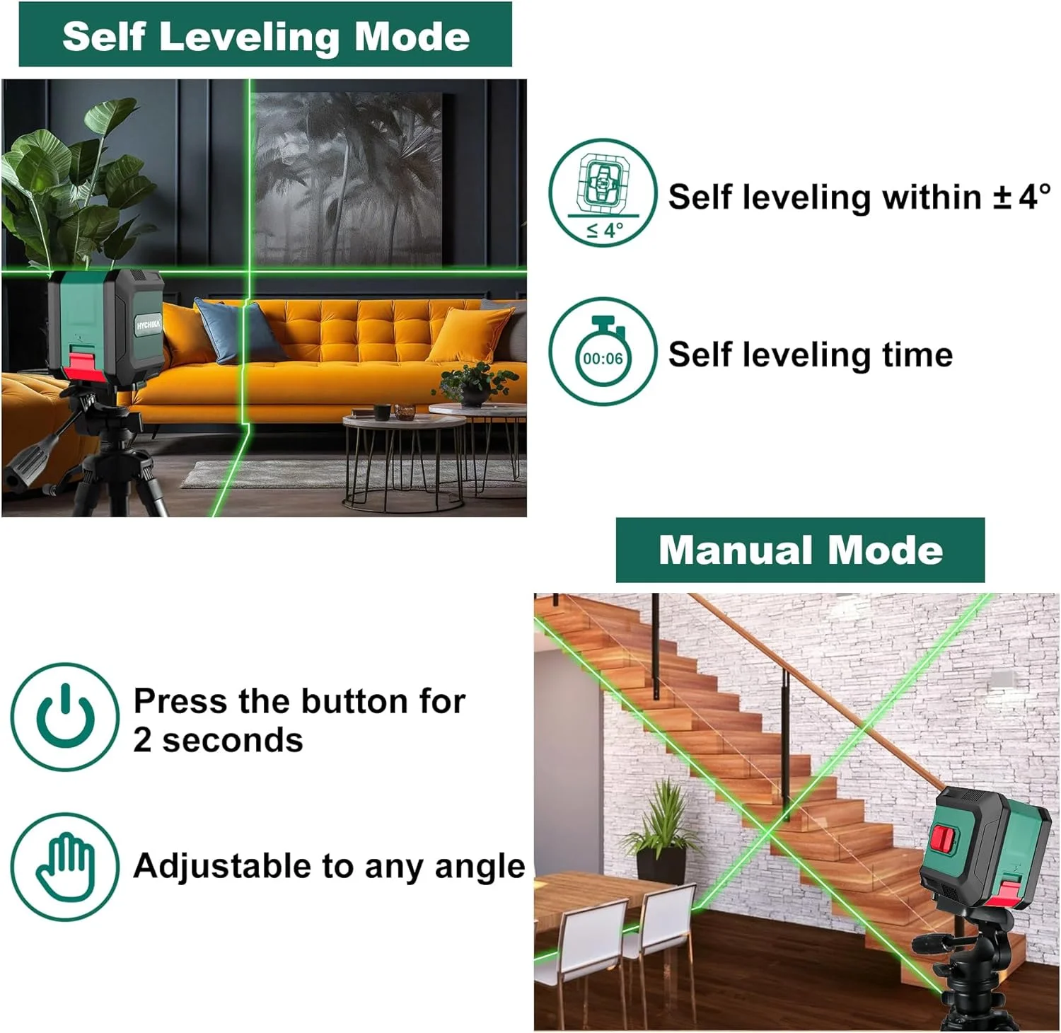 تراز لیزری خودتراز HYCHIKA، 15 متر، تراز لیزری سبز با 3 سطح تنظیم روشنایی، براکت مغناطیسی و 2 عدد باتری AA، مناسب برای استفاده در داخل و خارج از منزل، دکوراسیون، DIY تراز لیزری خودتراز HYCHIKA، 15 متر، تراز لیزری سبز با 3 سطح تنظیم روشنایی، براکت مغناطیسی و 2 عدد باتری AA، مناسب برای استفاده در داخل و خارج از منزل، دکوراسیون، DIY