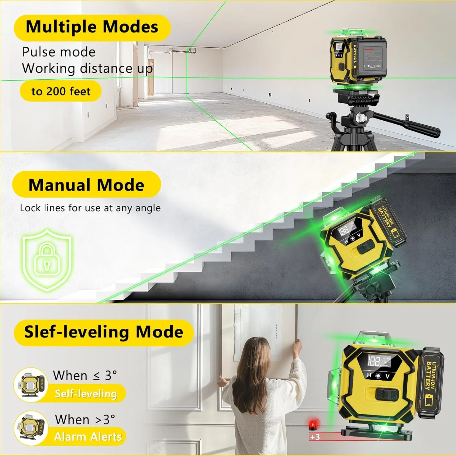 تراز لیزری 360 خودتراز، 16 خط 4×360° حالت پالس سبز برای کاشی کف، آویزان کردن تصاویر روی دیوار، ساخت و ساز، تراز 4 بعدی ابزار فضای باز با 2 باتری قابل شارژ و کیف حمل سخت تراز لیزری 360 خودتراز، 16 خط 4×360° حالت پالس سبز برای کاشی کف، آویزان کردن تصاویر روی دیوار، ساخت و ساز، تراز 4 بعدی ابزار فضای باز با 2 باتری قابل شارژ و کیف حمل سخت