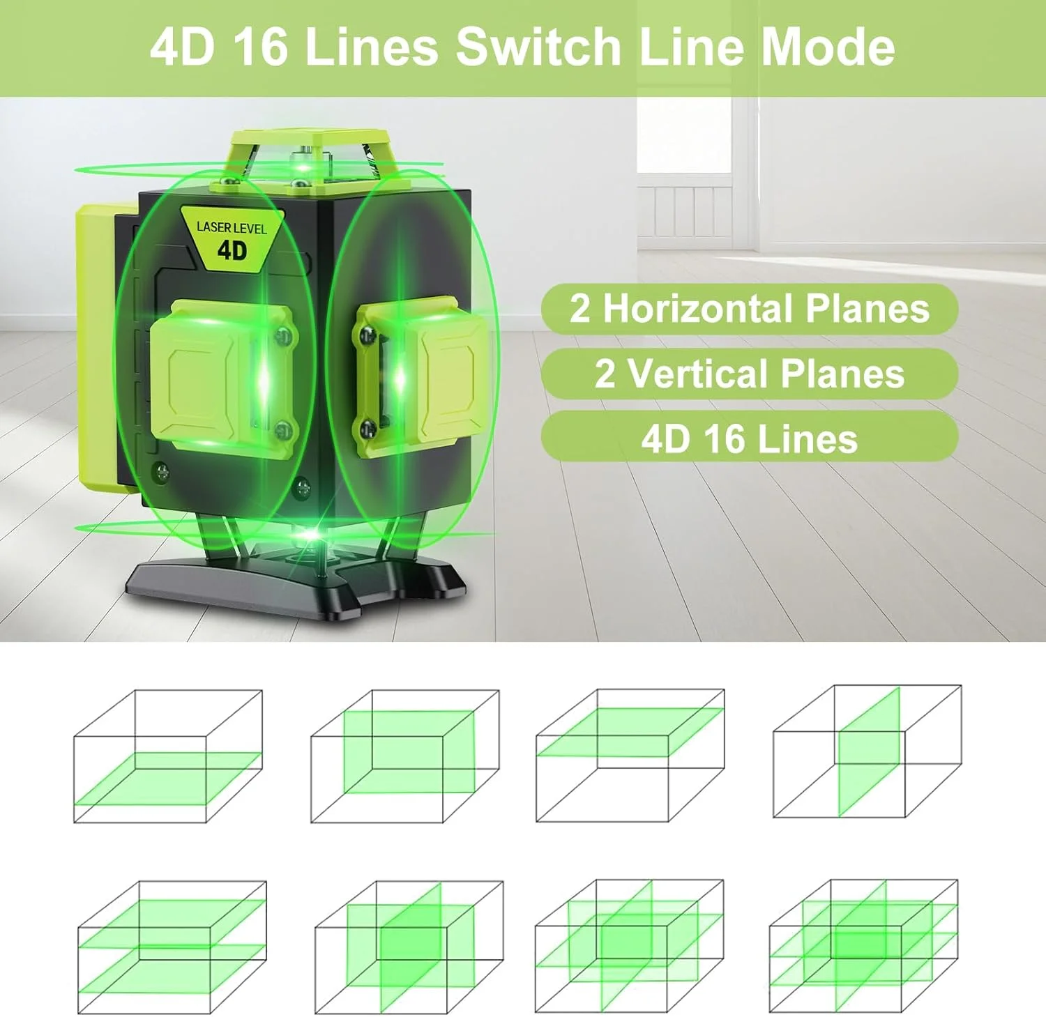 تراز لیزری سبز خودتراز شونده 4x360 درجه، 16 خط لیزر سبز برای ساخت و ساز و آویزان کردن عکس، باتری قابل شارژ، کنترل از راه دور، پایه مغناطیسی چرخان شامل، عمودی و افقی تراز لیزری سبز خودتراز شونده 4x360 درجه، 16 خط لیزر سبز برای ساخت و ساز و آویزان کردن عکس، باتری قابل شارژ، کنترل از راه دور، پایه مغناطیسی چرخان شامل، عمودی و افقی
