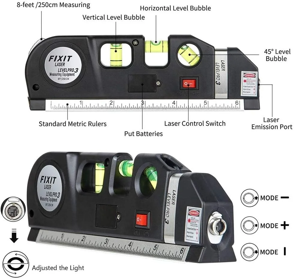 ابزار تراز لیزری eWINNER، کیت تراز لیزری چند منظوره، تراز خطی استاندارد، ابزار پرتو با خط کش نواری 2.5 متری و خط کش های متریک قابل تنظیم