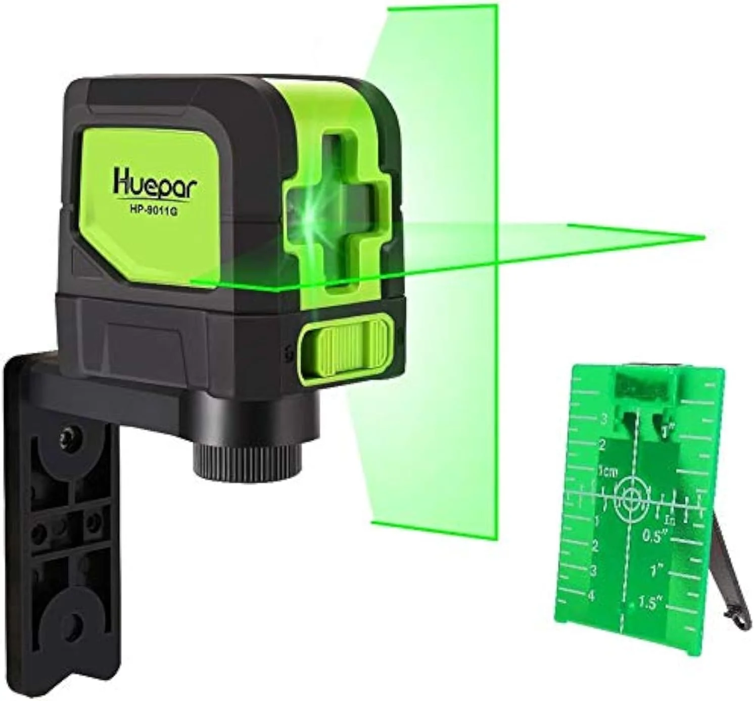 تراز لیزری پرتو سبز Huepar مدل M-9011G برای کارهای DIY، خودتراز اتوماتیک با خطوط لیزری متقاطع افقی و عمودی سبز، شامل پایه مغناطیسی چرخان، صفحه هدف لیزر و 2 عدد باتری AA