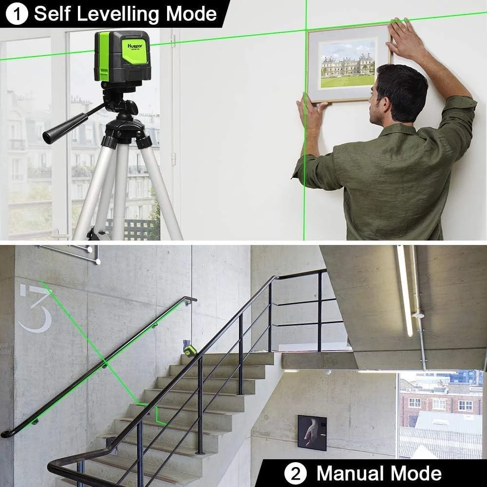 تراز لیزری پرتو سبز Huepar مدل M-9011G برای کارهای DIY، خودتراز اتوماتیک با خطوط لیزری متقاطع افقی و عمودی سبز، شامل پایه مغناطیسی چرخان، صفحه هدف لیزر و 2 عدد باتری AA