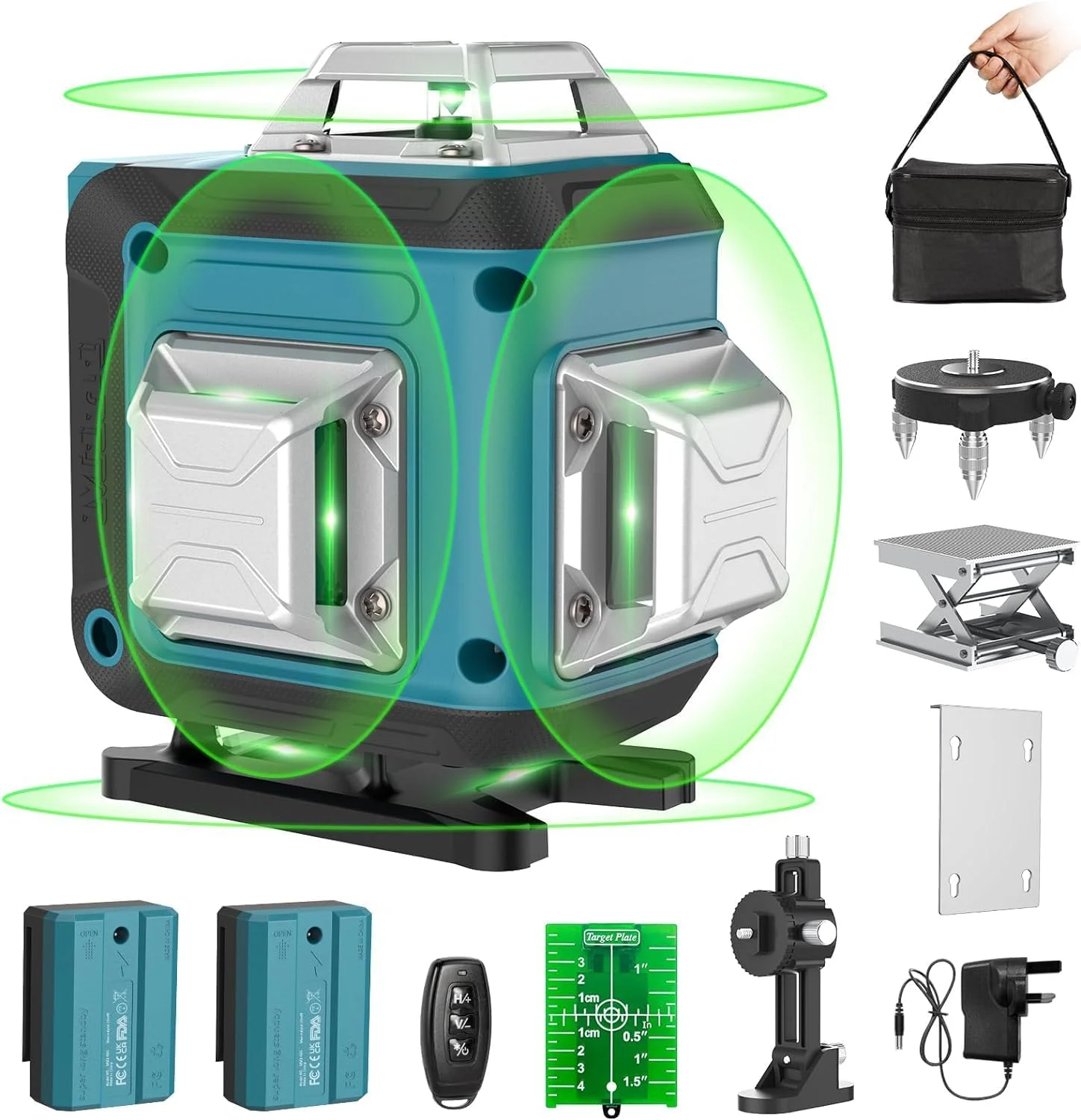 تراز لیزری سبز 4x360 درجه Kialloy، تراز افقی و عمودی خطی برای داخل و خارج ساختمان، 2 عدد باتری، خودتراز، پایه چرخشی، کنترل از راه دور، پایه مغناطیسی
