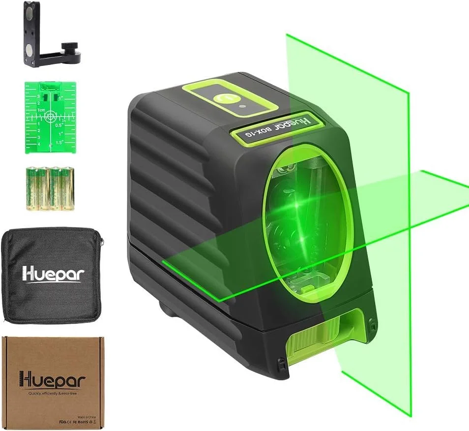 تراز لیزری سبز Huepar مدل M-BOX-1G، لیزر خطی متقاطع 45 متری، پرتو عمودی و افقی قابل انتخاب، روکش لاستیکی، پایه مغناطیسی