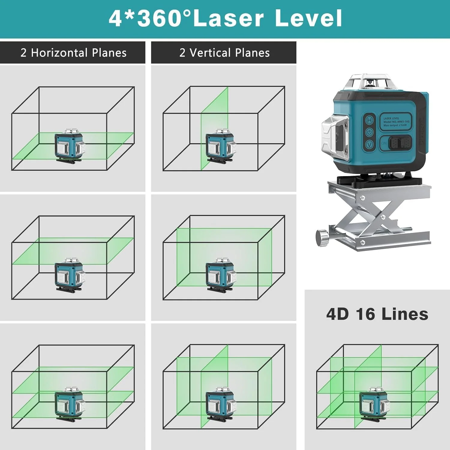 تراز لیزری سبز 4x360 درجه Kialloy، تراز افقی و عمودی خطی برای داخل و خارج ساختمان، 2 عدد باتری، خودتراز، پایه چرخشی، کنترل از راه دور، پایه مغناطیسی
