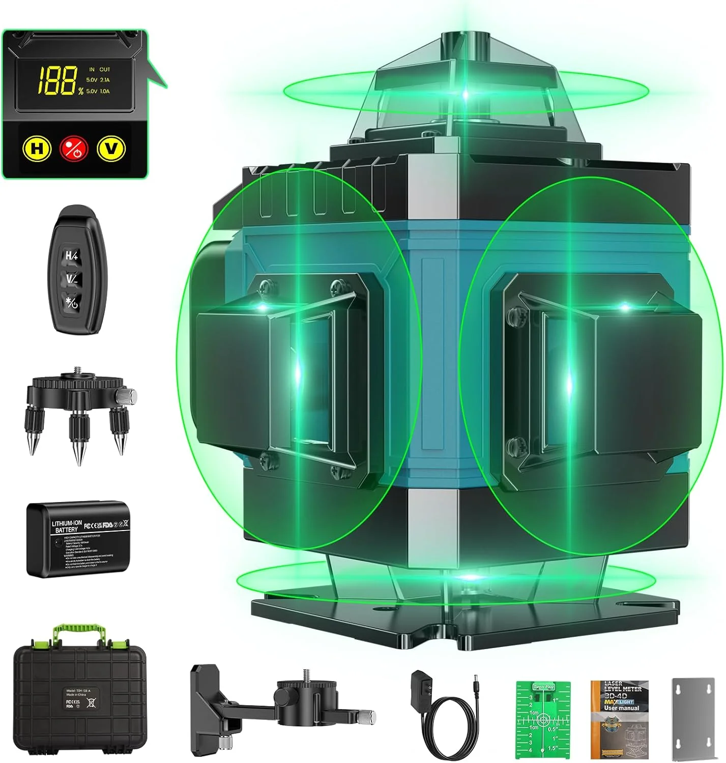 تراز لیزری 16 خطی 360 درجه خودتراز، 4x360° حرفه ای 4D با خطوط متقاطع سبز، دارای 2 باتری، روشنایی قابل تنظیم و کنترل از راه دور، برای کاشی کاری، ساخت و ساز کف و آویزان کردن تصاویر تراز لیزری 16 خطی 360 درجه خودتراز، 4x360° حرفه ای 4D با خطوط متقاطع سبز، دارای 2 باتری، روشنایی قابل تنظیم و کنترل از راه دور، برای کاشی کاری، ساخت و ساز کف و آویزان کردن تصاویر