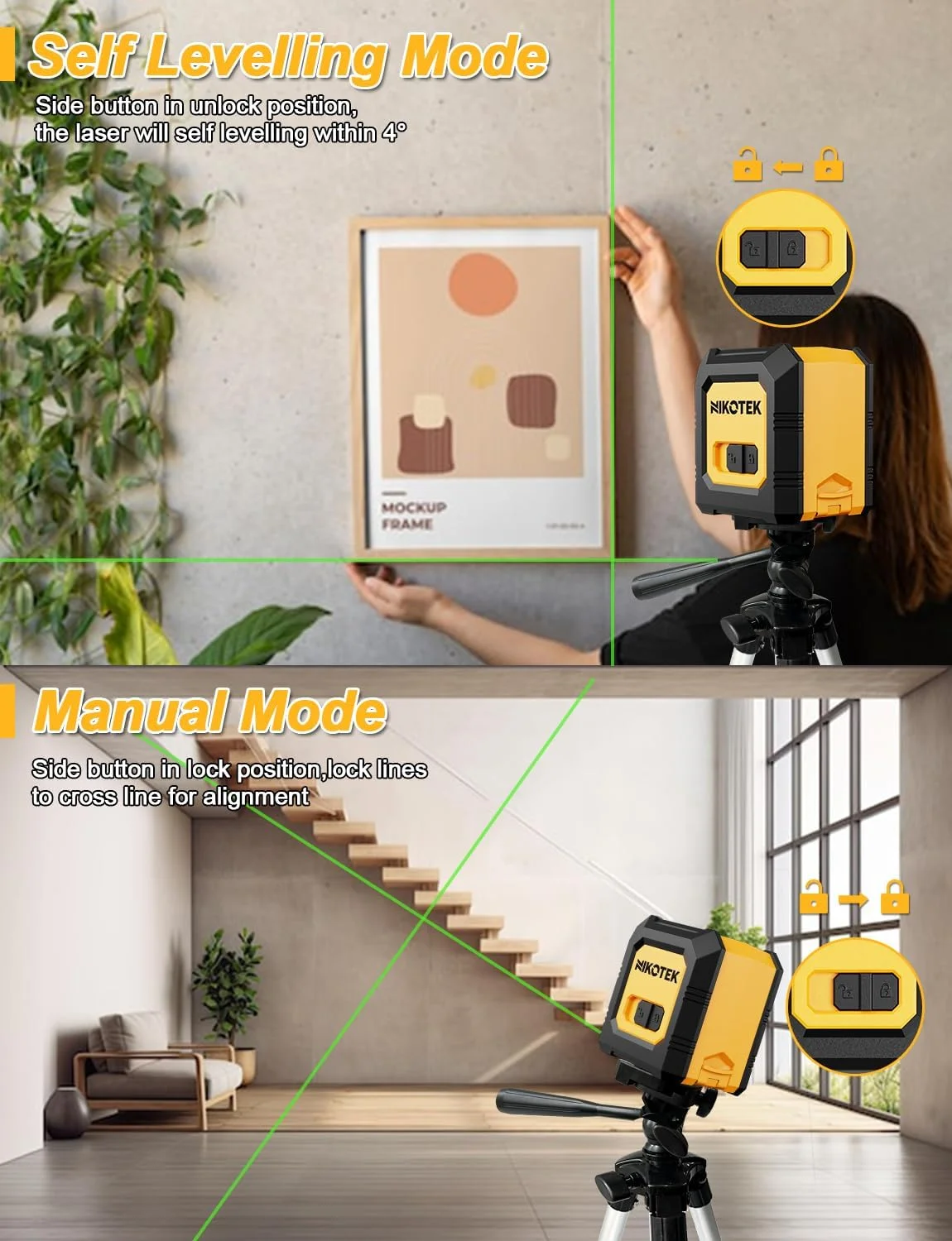 تراز لیزری نیکوتک با سه پایه، تراز خودکار با پرتو سبز، لیزر خطی متقاطع افقی و عمودی برای دکوراسیون منزل، دارای کیف حمل و باتری تراز لیزری نیکوتک با سه پایه، تراز خودکار با پرتو سبز، لیزر خطی متقاطع افقی و عمودی برای دکوراسیون منزل، دارای کیف حمل و باتری