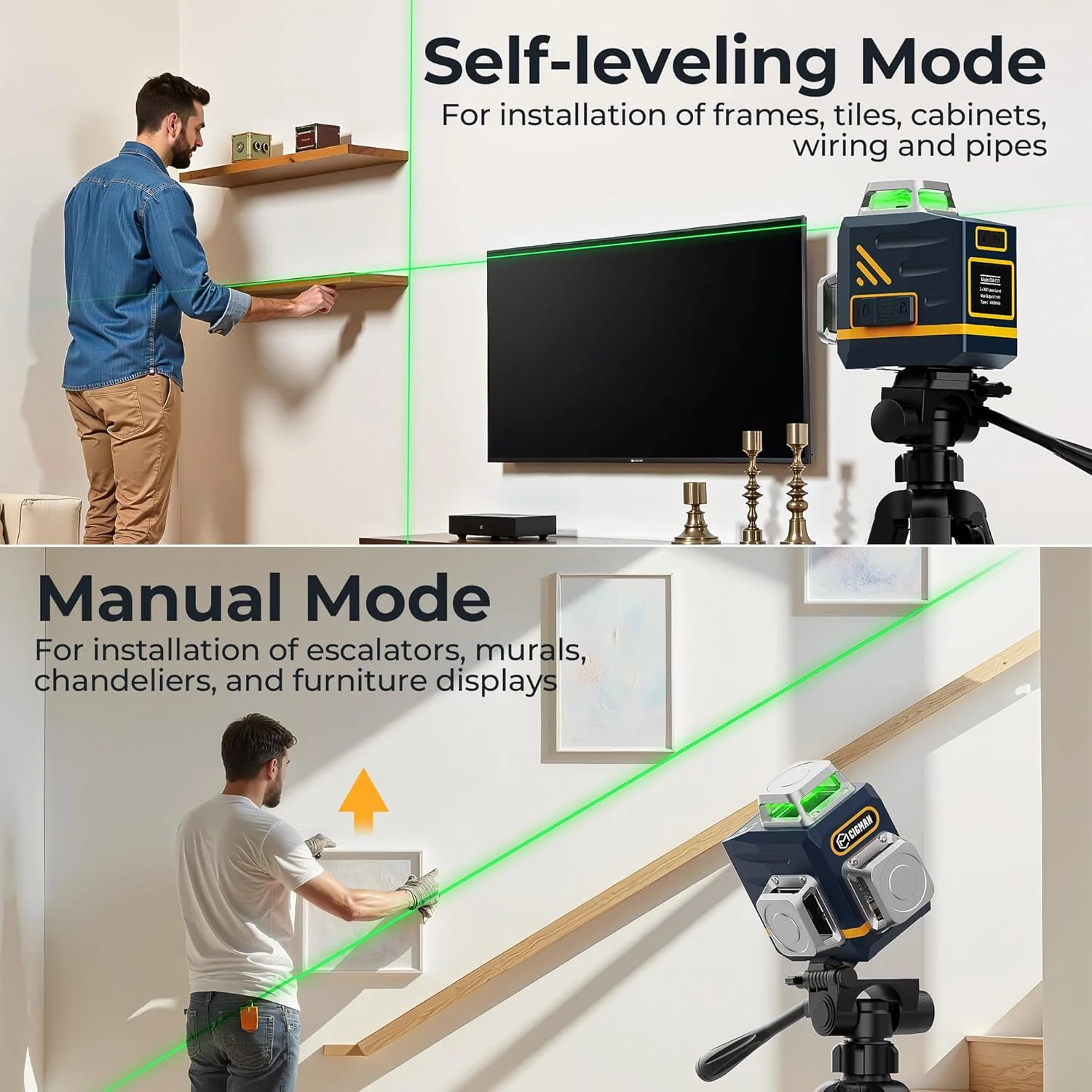 تراز لیزری خودتراز CIGMAN، 3x360° 3D خط سبز متقاطع برای ساخت و ساز و نصب تصاویر، باتری قابل شارژ، کنترل از راه دور، پایه مغناطیسی چرخان تراز لیزری خودتراز CIGMAN، 3x360° 3D خط سبز متقاطع برای ساخت و ساز و نصب تصاویر، باتری قابل شارژ، کنترل از راه دور، پایه مغناطیسی چرخان