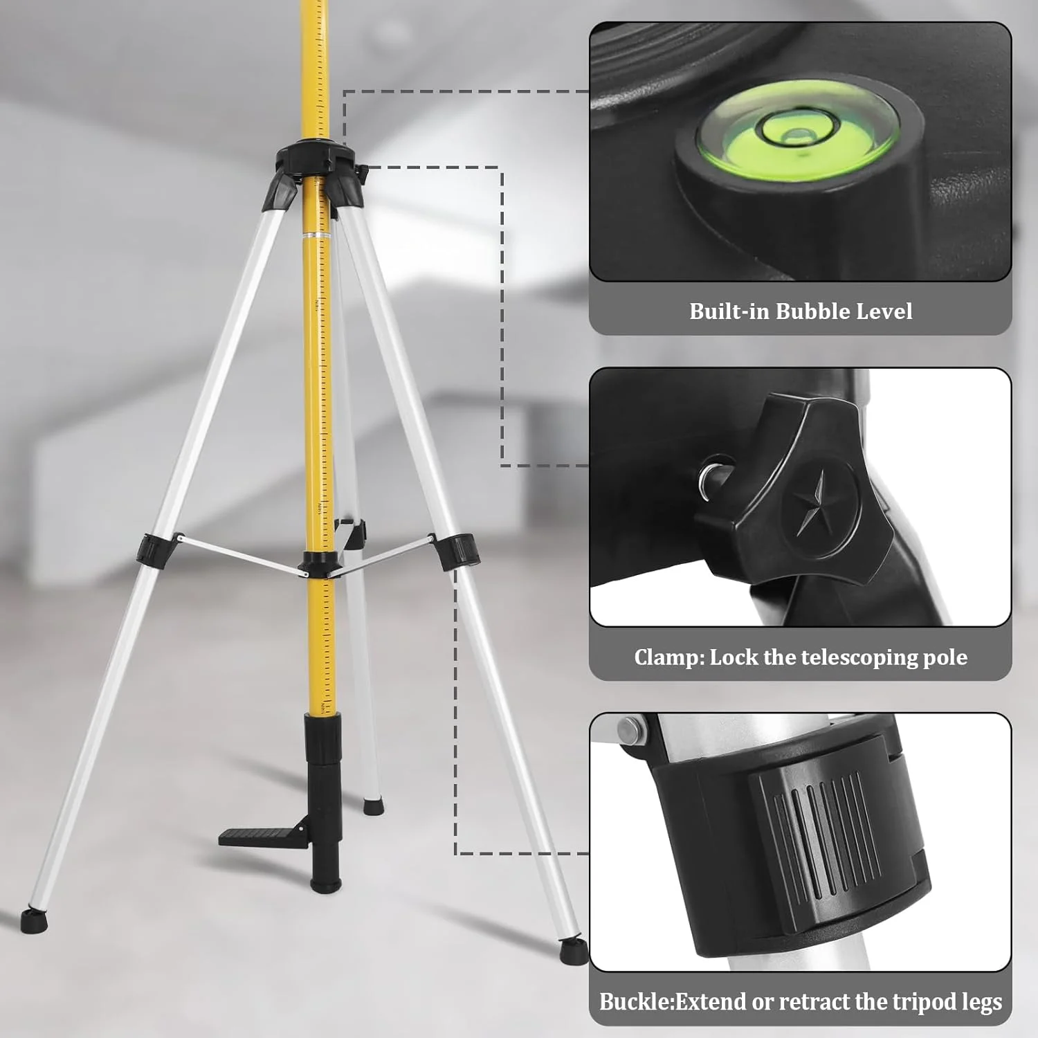 میله تلسکوپی تراز لیزری با سه پایه، 3.7 متری شامل پایه 1/4 اینچی با 20 اینچ برای تراز لیزری چرخشی و خطی، پایه لیزری با آداپتور رزوه ای 5/8 اینچی -11 میله تلسکوپی تراز لیزری با سه پایه، 3.7 متری شامل پایه 1/4 اینچی با 20 اینچ برای تراز لیزری چرخشی و خطی، پایه لیزری با آداپتور رزوه ای 5/8 اینچی -11