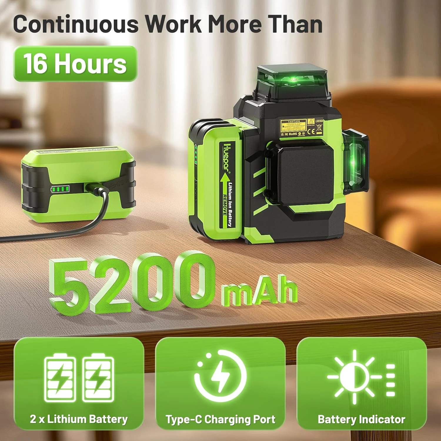 تراز لیزری Huepar 3x360 خودتراز با 2 باتری لیتیوم-یون، عمر باتری تا 16 ساعت، تراز لیزری سبز 3D 12 خطی با روشنایی بالا برای ساخت و ساز یا بازسازی خانه، LS03CG تراز لیزری Huepar 3x360 خودتراز با 2 باتری لیتیوم-یون، عمر باتری تا 16 ساعت، تراز لیزری سبز 3D 12 خطی با روشنایی بالا برای ساخت و ساز یا بازسازی خانه، LS03CG