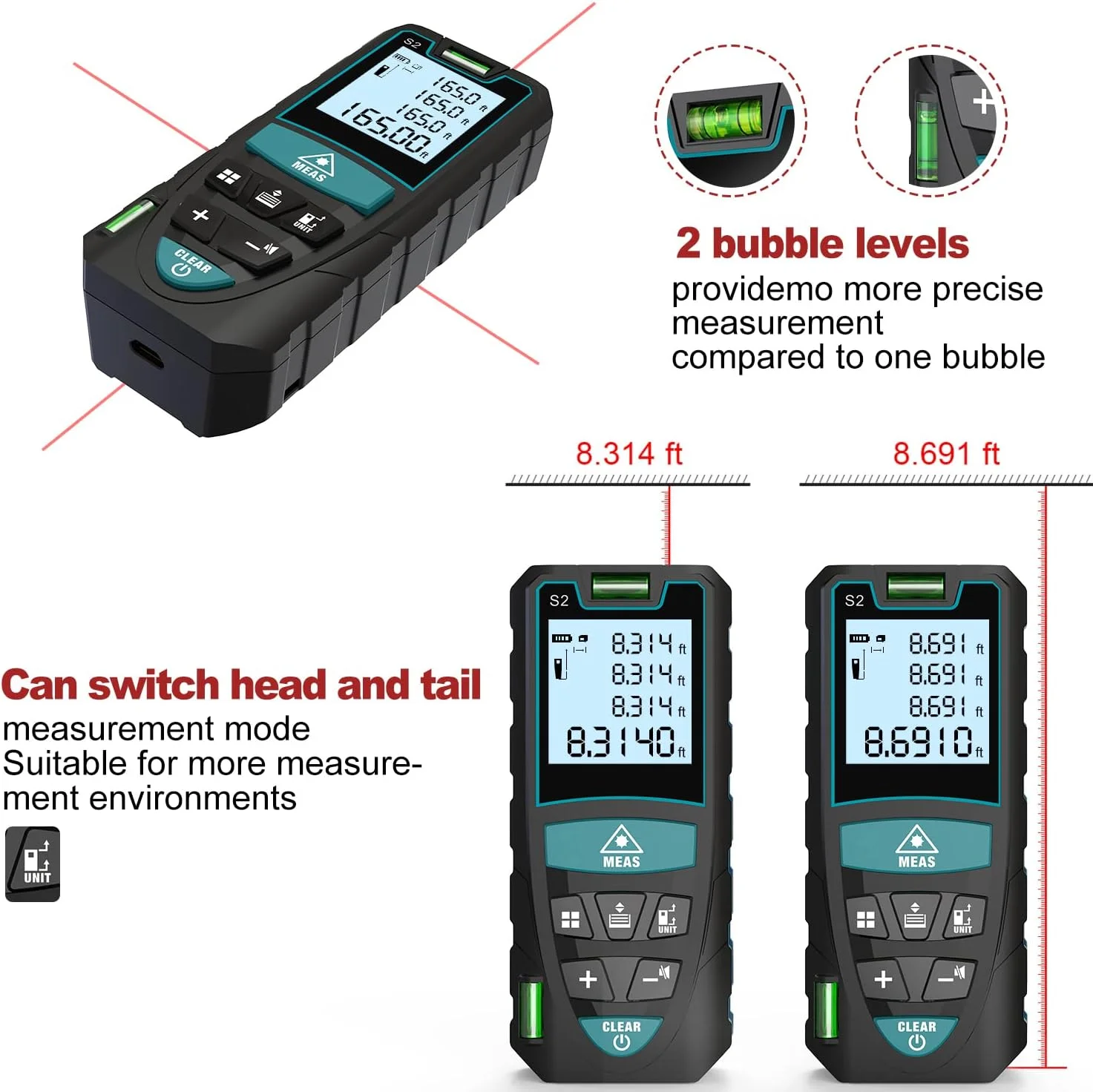 متر لیزری، متر فاصله یاب لیزری دیجیتال Mileseey با 2 تراز حبابی، تغییر واحد M/In/Ft، LCD با نور پس زمینه و حالت فیثاغورس، اندازه گیری فاصله، مساحت و حجم متر لیزری، متر فاصله یاب لیزری دیجیتال Mileseey با 2 تراز حبابی، تغییر واحد M/In/Ft، LCD با نور پس زمینه و حالت فیثاغورس، اندازه گیری فاصله، مساحت و حجم