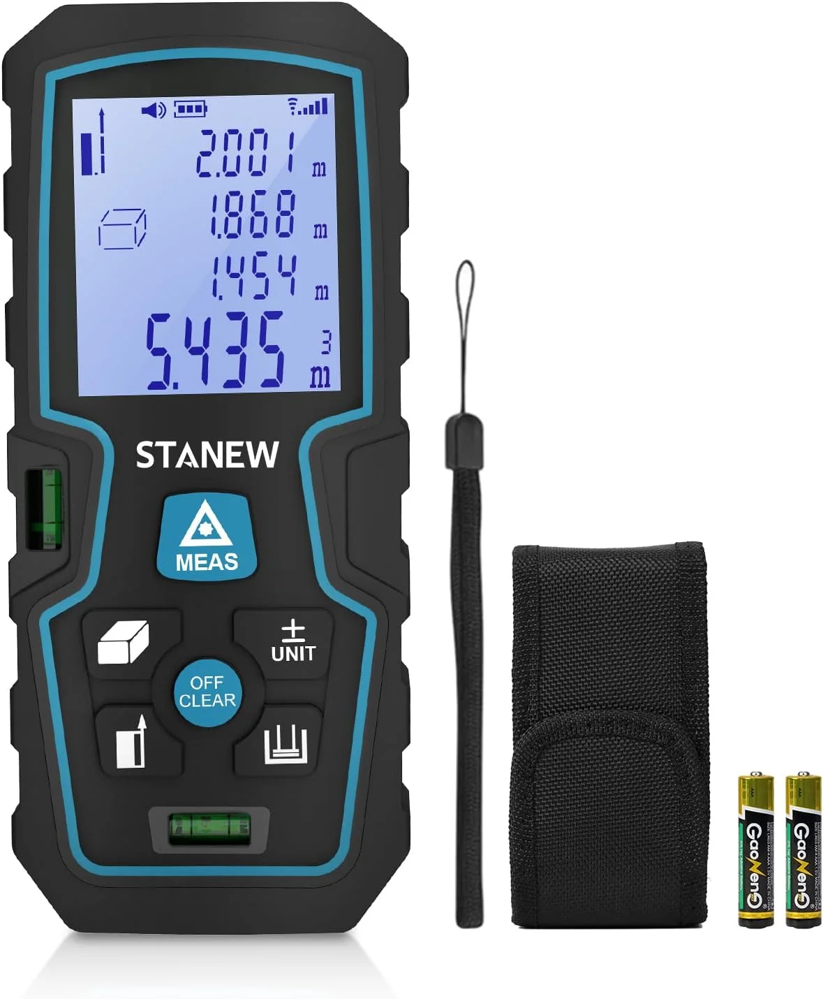 فاصله یاب لیزری دیجیتال قابل حمل STANEW، ابزار اندازه گیری لیزری با 2 تراز حبابی، اندازه گیری طول/مساحت/حجم، با نور پس زمینه LCD، 2 عدد باتری، IP54 فاصله یاب لیزری دیجیتال قابل حمل STANEW، ابزار اندازه گیری لیزری با 2 تراز حبابی، اندازه گیری طول/مساحت/حجم، با نور پس زمینه LCD، 2 عدد باتری، IP54