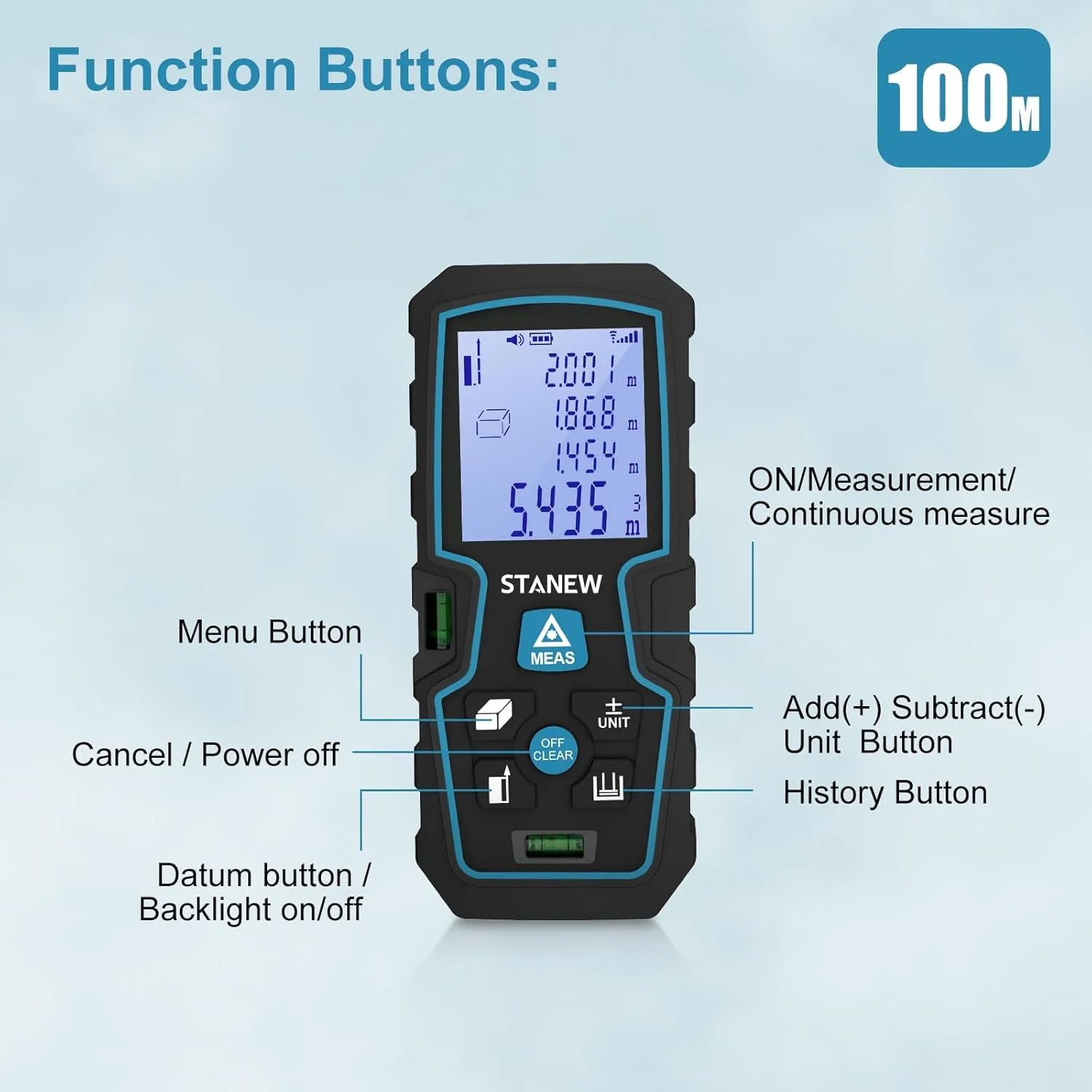 فاصله یاب لیزری دیجیتال قابل حمل STANEW، ابزار اندازه گیری لیزری با 2 تراز حبابی، اندازه گیری طول/مساحت/حجم، با نور پس زمینه LCD، 2 عدد باتری، IP54 فاصله یاب لیزری دیجیتال قابل حمل STANEW، ابزار اندازه گیری لیزری با 2 تراز حبابی، اندازه گیری طول/مساحت/حجم، با نور پس زمینه LCD، 2 عدد باتری، IP54