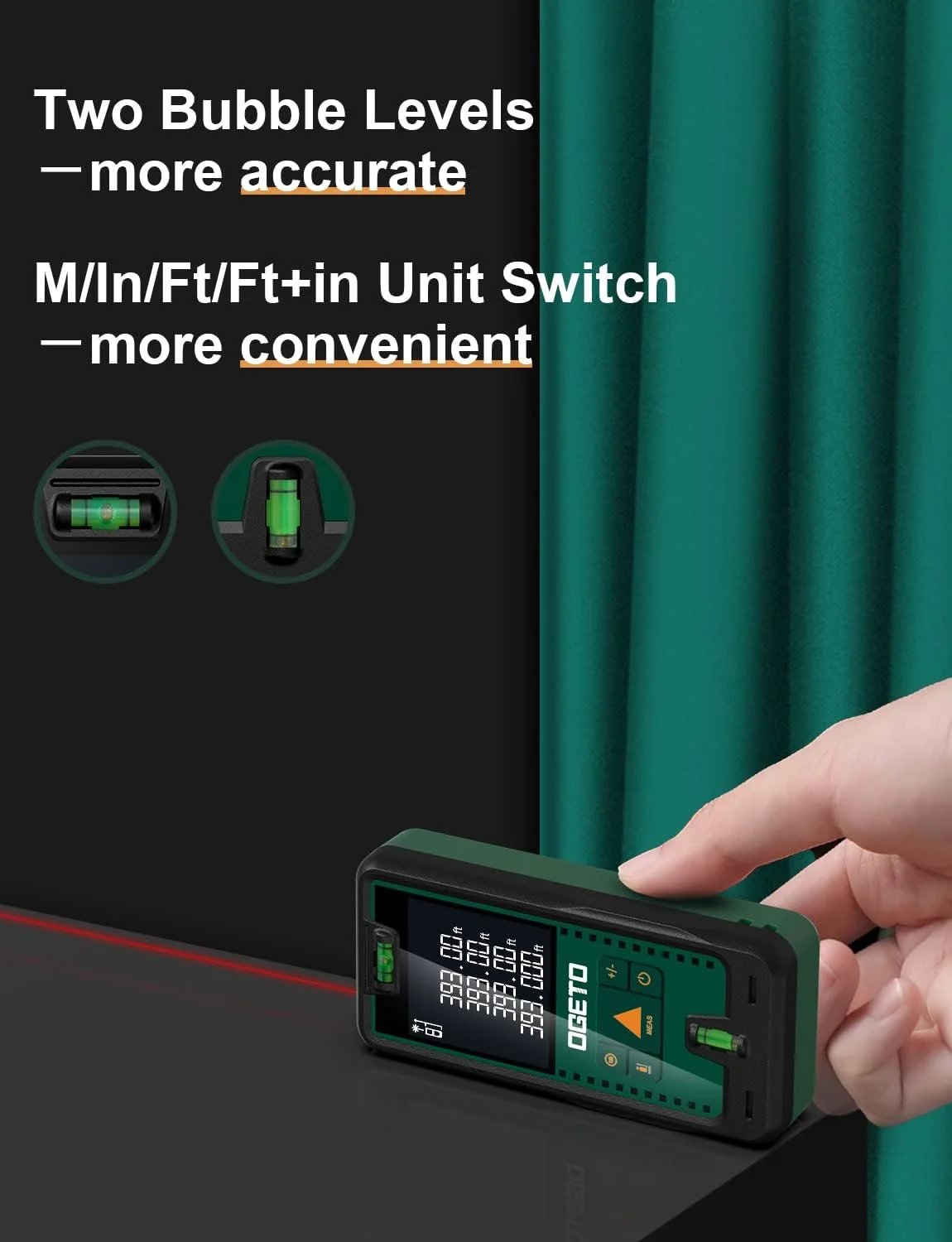 متر لیزری، متر فاصله دیجیتال لیزری اوگتو با 2 تراز حبابی، تغییر واحد M/in/Ft، LCD با نور پس زمینه و حالت فیثاغورس، اندازه گیری فاصله، مساحت و حجم متر لیزری، متر فاصله دیجیتال لیزری اوگتو با 2 تراز حبابی، تغییر واحد M/in/Ft، LCD با نور پس زمینه و حالت فیثاغورس، اندازه گیری فاصله، مساحت و حجم