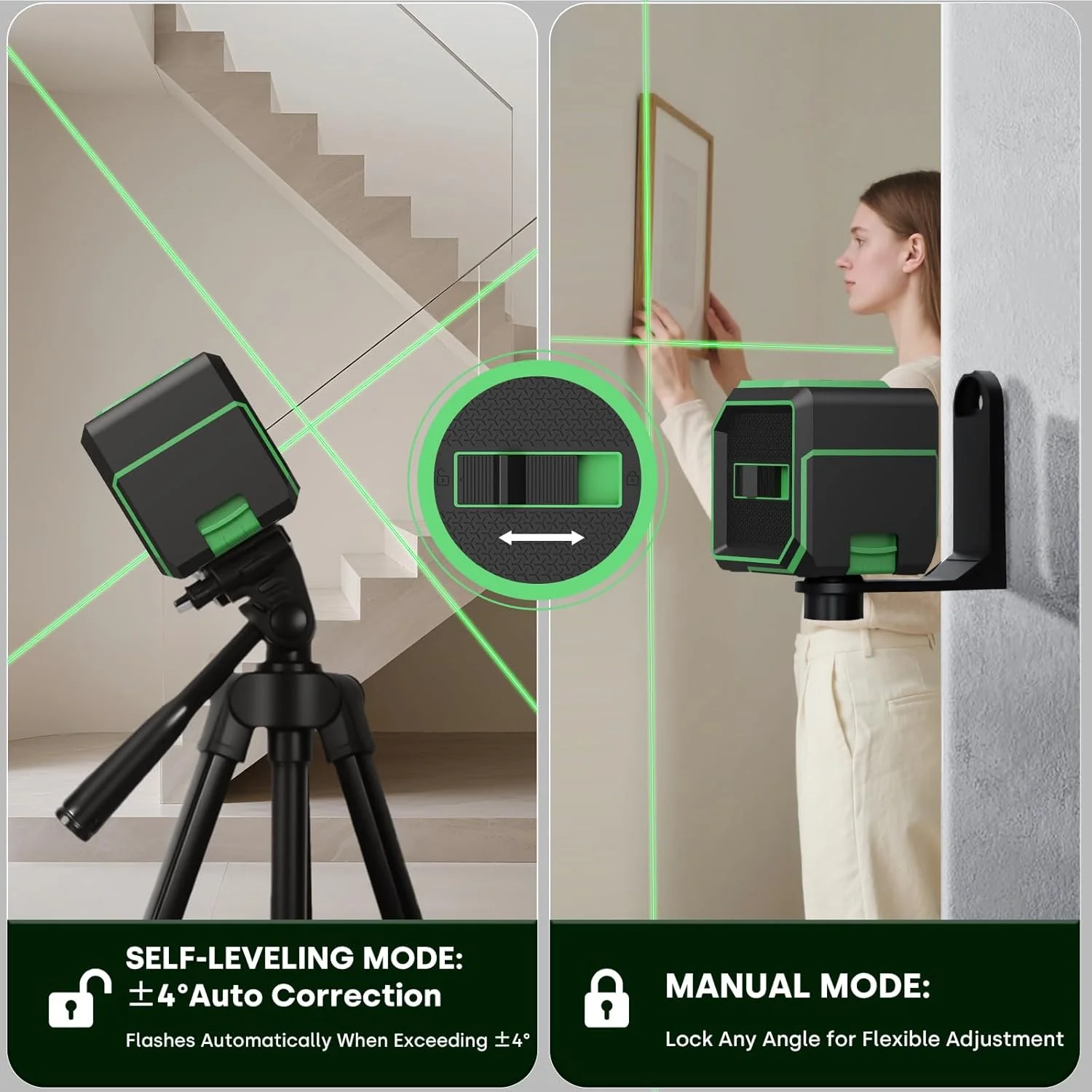 تراز لیزری سبز با حالت خودترازی و دستی، تراز لیزری افقی و عمودی با براکت مغناطیسی 360 درجه، 2 عدد باتری AA برای ساخت و ساز، دکوراسیون منزل، DIY و غیره. تراز لیزری سبز با حالت خودترازی و دستی، تراز لیزری افقی و عمودی با براکت مغناطیسی 360 درجه، 2 عدد باتری AA برای ساخت و ساز، دکوراسیون منزل، DIY و غیره.