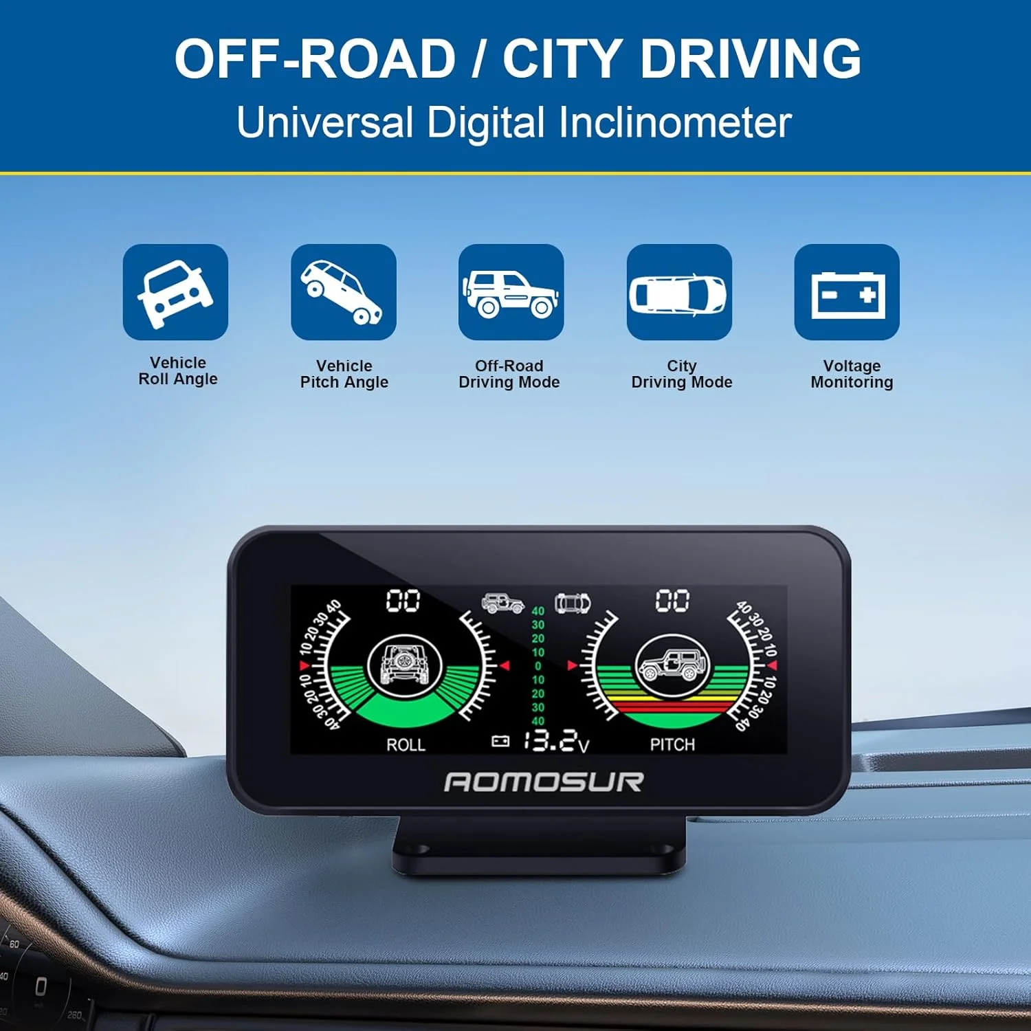 شیب سنج دیجیتال GPS خودرو Azonee، شیب سنج خودرو برای رانندگی خارج از جاده، شیب سنج چند منظوره دیجیتال داشبورد، ارتقاء سطح شیب سنج HUD خودرو برای خواندن آسان رول و پیچ