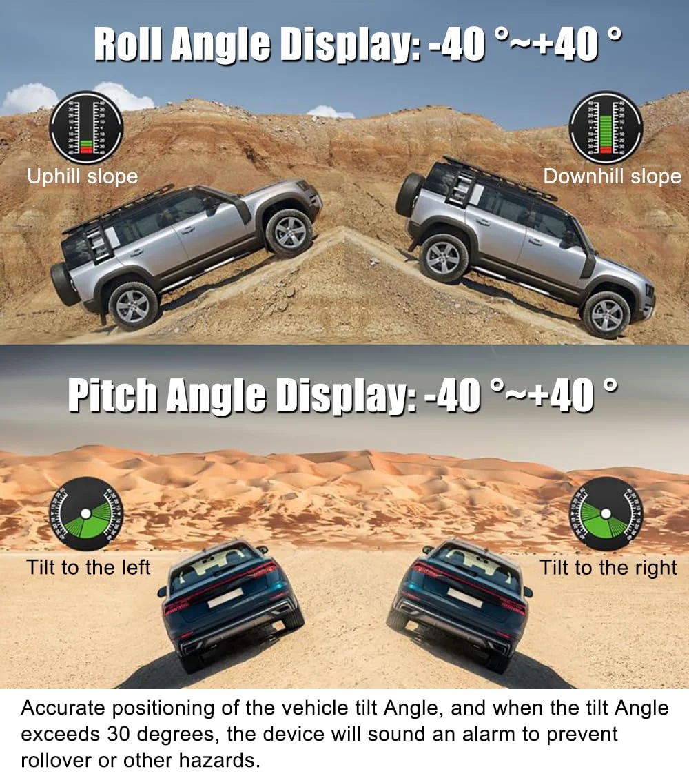 شیب سنج جهانی برای خودرو، کمپر، RV، شیب سنج آفرود، زاویه رول، نشانگر زاویه شیب خودرو با سرعت سنج و قطب نمای GPS، نمایشگر زمان و ولتاژ