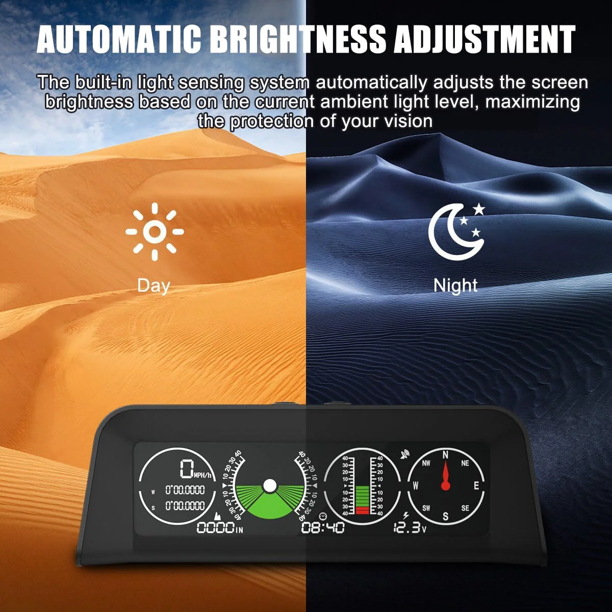 شیب سنج جهانی برای خودرو، کمپر، RV، شیب سنج آفرود، زاویه رول، نشانگر زاویه شیب خودرو با سرعت سنج و قطب نمای GPS، نمایشگر زمان و ولتاژ