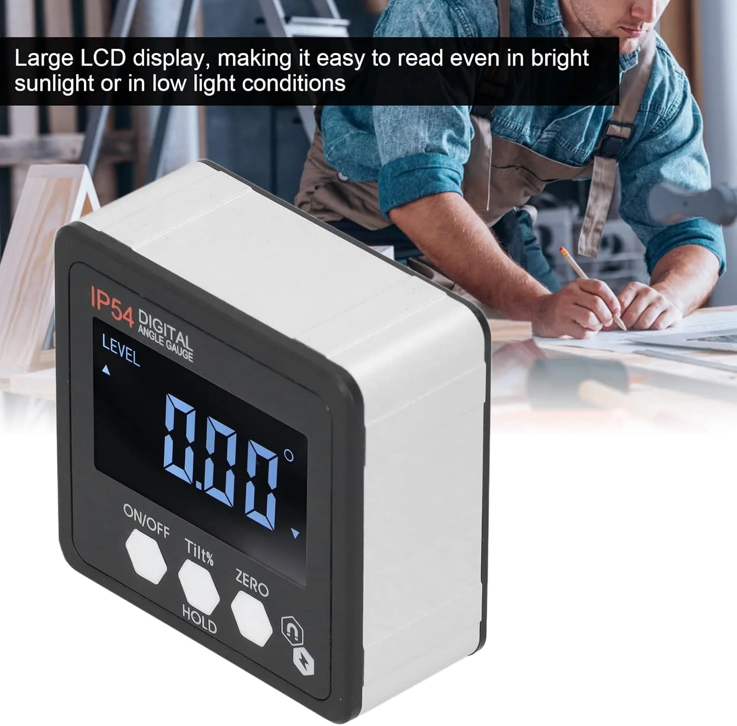 شیب سنج دیجیتال 360 درجه با پایه مغناطیسی، دقت 0.05 درجه، صفحه نمایش LCD، ضد آب IP54 برای نجاری، ساخت و ساز، خودرو