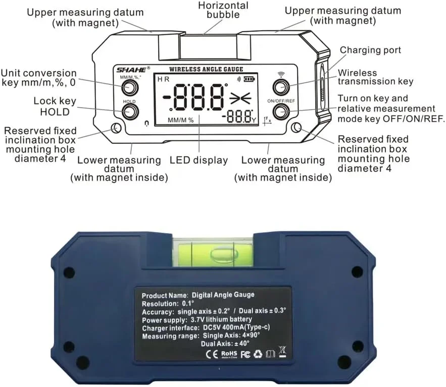 شیب سنج دیجیتال کوچک قابل شارژ XPR3SS 400mAh، تراز زاویه یاب دیجیتال فشرده، دو محوره