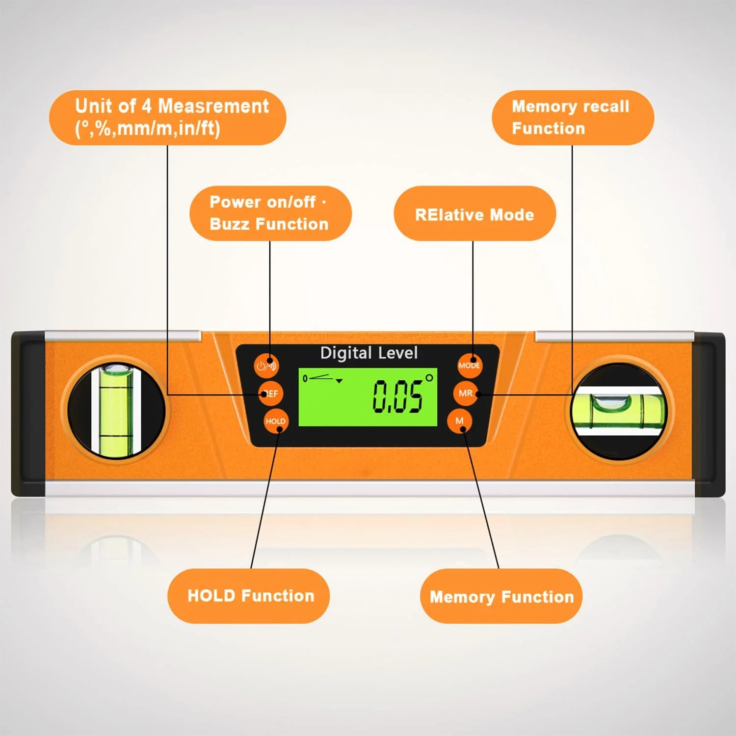 تراز دیجیتال و زاویه یاب، 25 سانتی متر، محافظت شده با IP54، شیب سنج الکترونیکی حباب دار، ابزار اندازه گیری زاویه با صفحه نمایش بزرگ LED با نور پس زمینه و پایه V شکل مغناطیسی به همراه کیف حمل - نارنجی