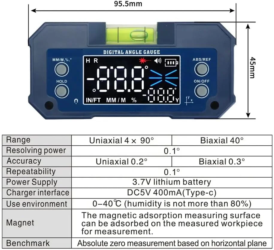 شیب سنج دیجیتال کوچک قابل شارژ XPR3SS 400mAh، تراز زاویه یاب دیجیتال فشرده، دو محوره