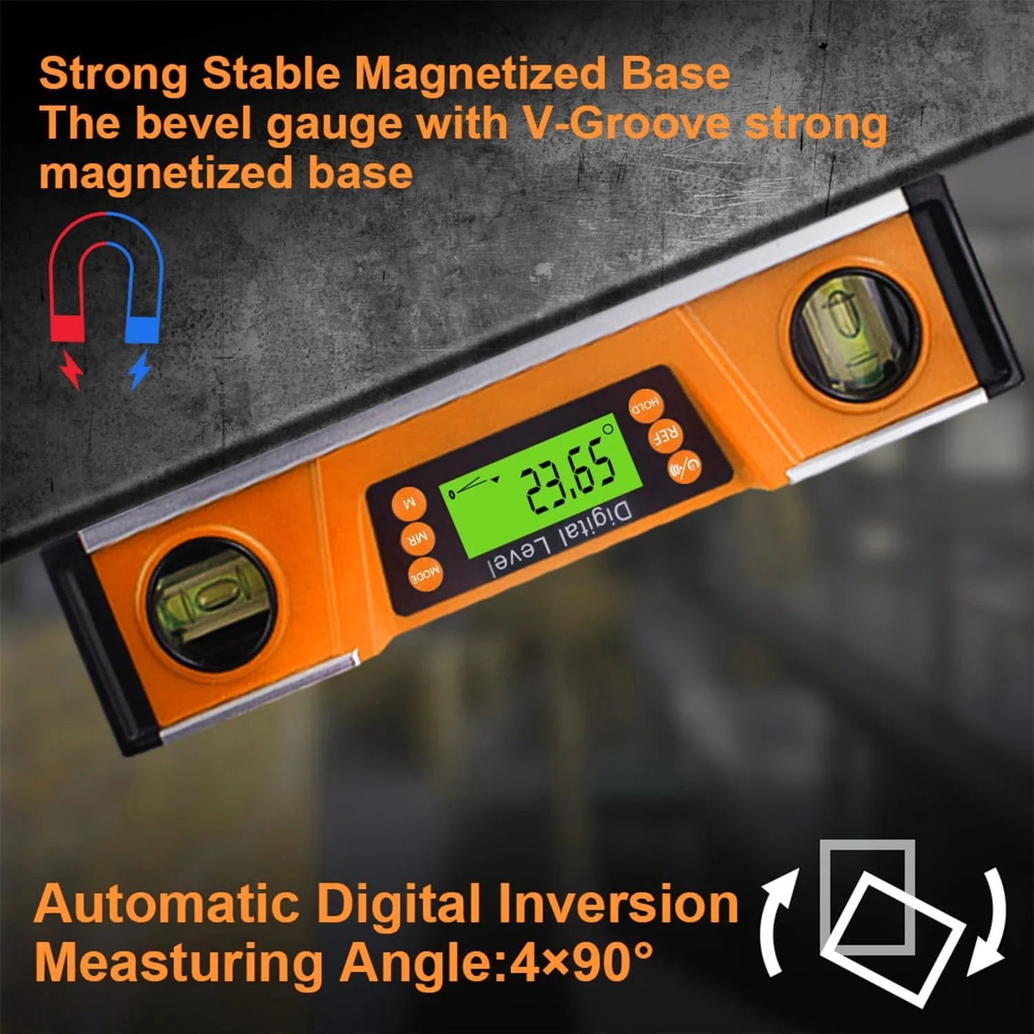 تراز دیجیتال و زاویه یاب، 25 سانتی متر، محافظت شده با IP54، شیب سنج الکترونیکی حباب دار، ابزار اندازه گیری زاویه با صفحه نمایش بزرگ LED با نور پس زمینه و پایه V شکل مغناطیسی به همراه کیف حمل - نارنجی