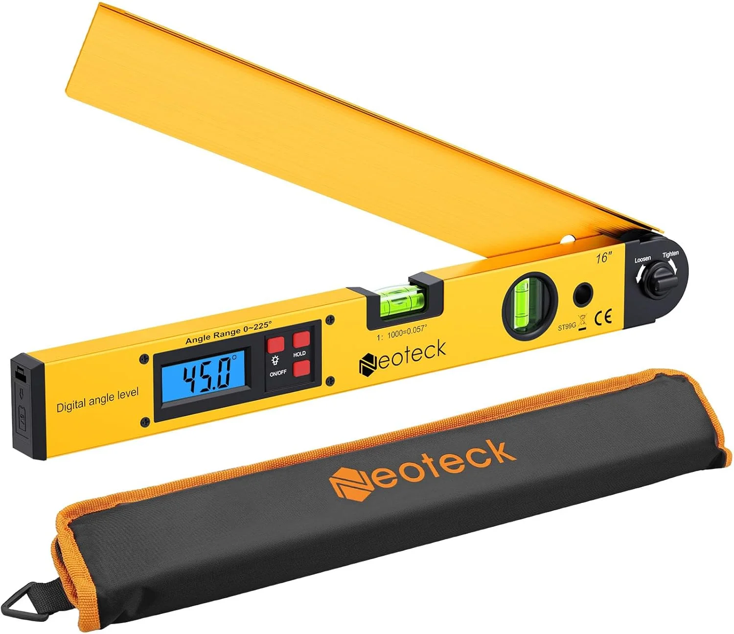 زاویه سنج دیجیتال Neoteck 400 میلی متری با تراز مایع LCD 0-225 درجه، دستگاه اندازه گیری زاویه شیب سنج دیجیتال برای تراز افقی عمودی دوبل طلایی