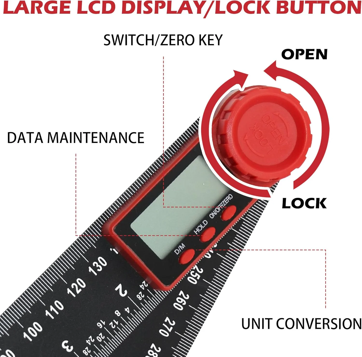 زاویه یاب دیجیتال با صفحه نمایش LCD، 200 میلی متر / 7 اینچ، ابزار اندازه گیری زاویه برای ساخت و ساز (مشکی)