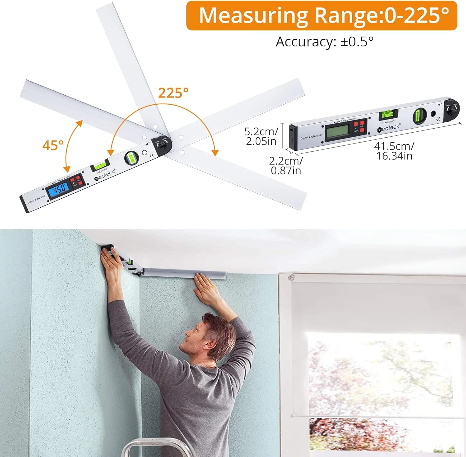 زاویه یاب دیجیتال آلومینیومی Neoteck، 225 درجه، 16 اینچ، LCD با نور پس زمینه و تراز افقی و عمودی - نقره ای