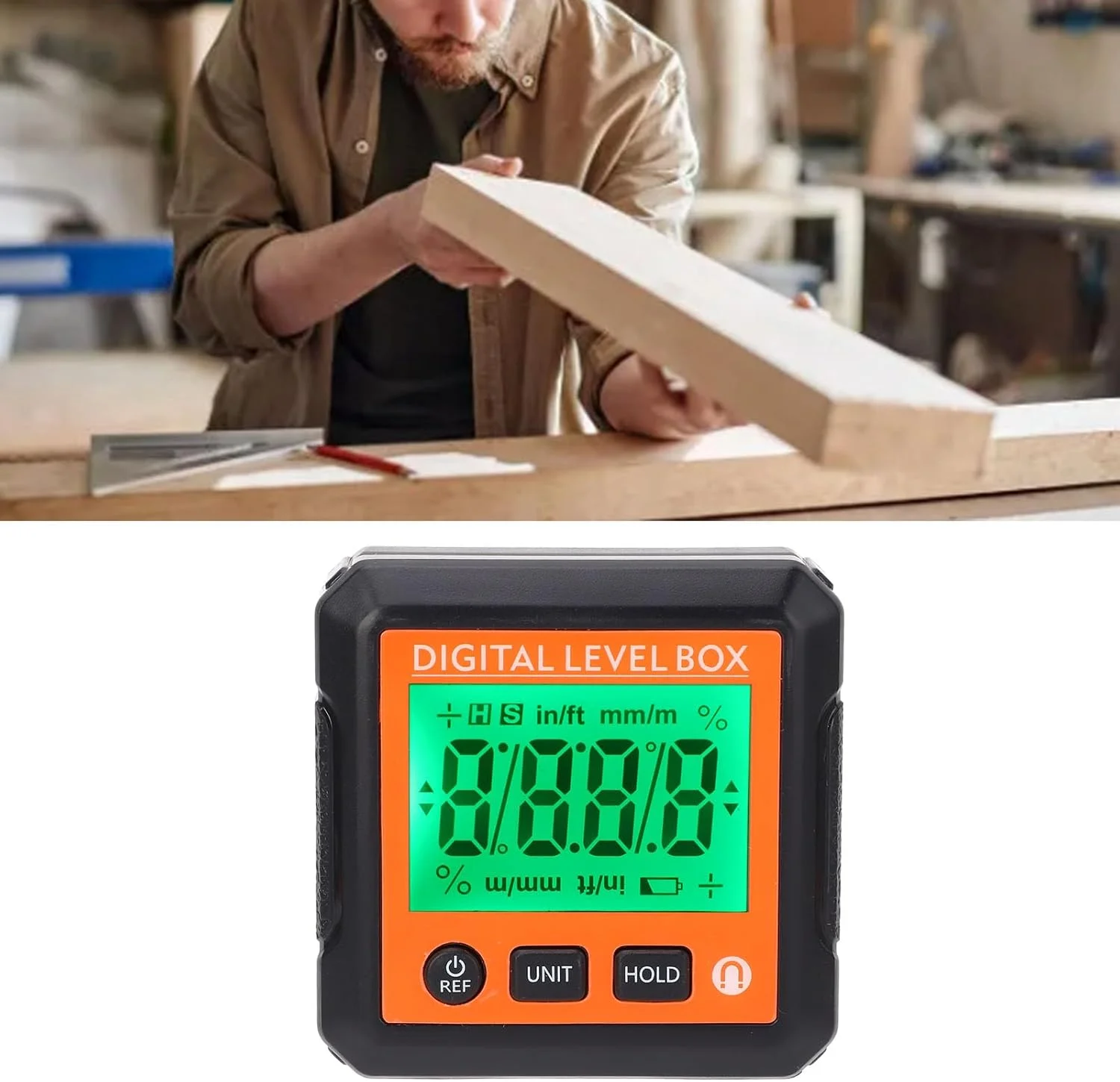 شیب سنج دیجیتال نمایشگر، جعبه تراز جیبی و زاویه یاب، تراز دیجیتال الکترونیکی 4x90 درجه با طراحی قابل شارژ، برای (نارنجی، اندازه باز شدن: