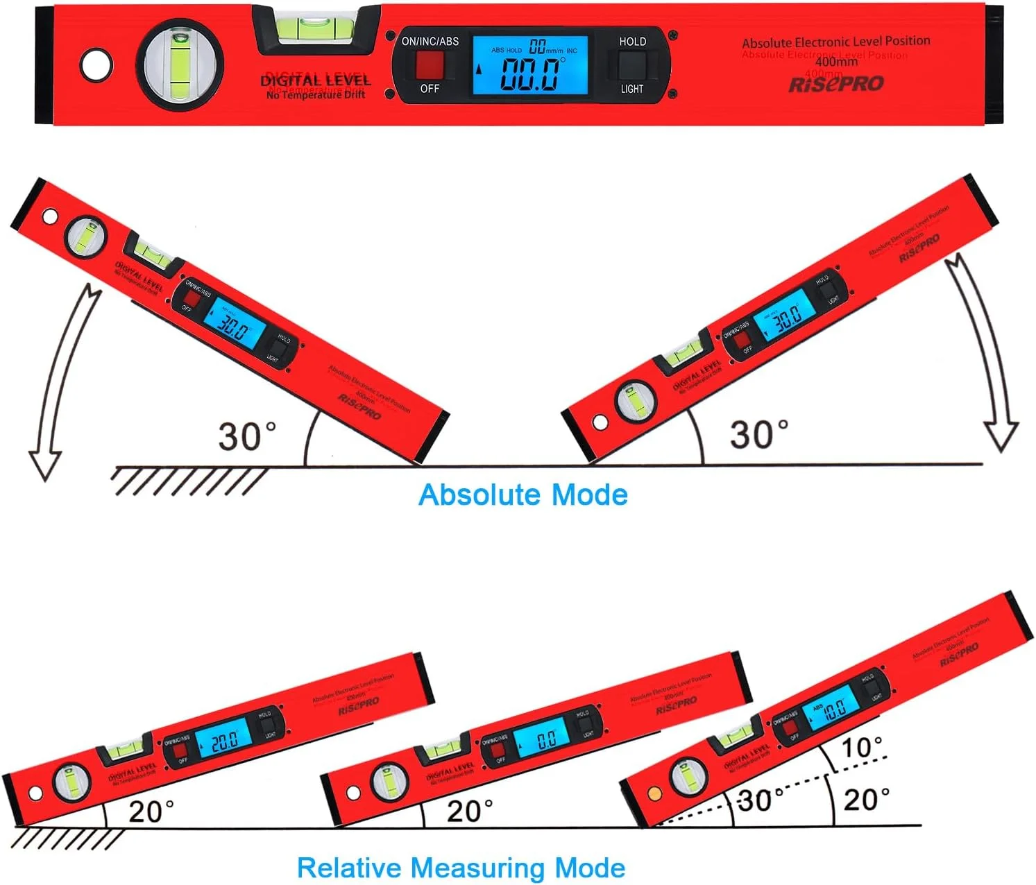 تراز دیجیتال و زاویه یاب 16 اینچی RISEPRO، تراز اژدری، شیب سنج، پایه مغناطیسی با نور پس زمینه قرمز