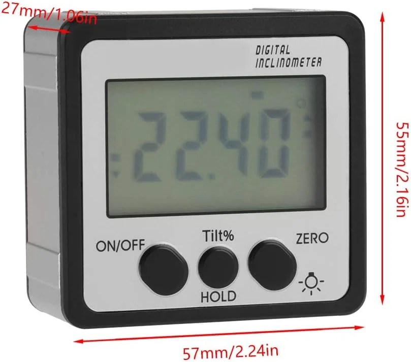 شیب سنج دیجیتال Eujgoov، زاویه یاب با نور پس زمینه LCD و پایه مغناطیسی، 4 x 90° (نقره ای)