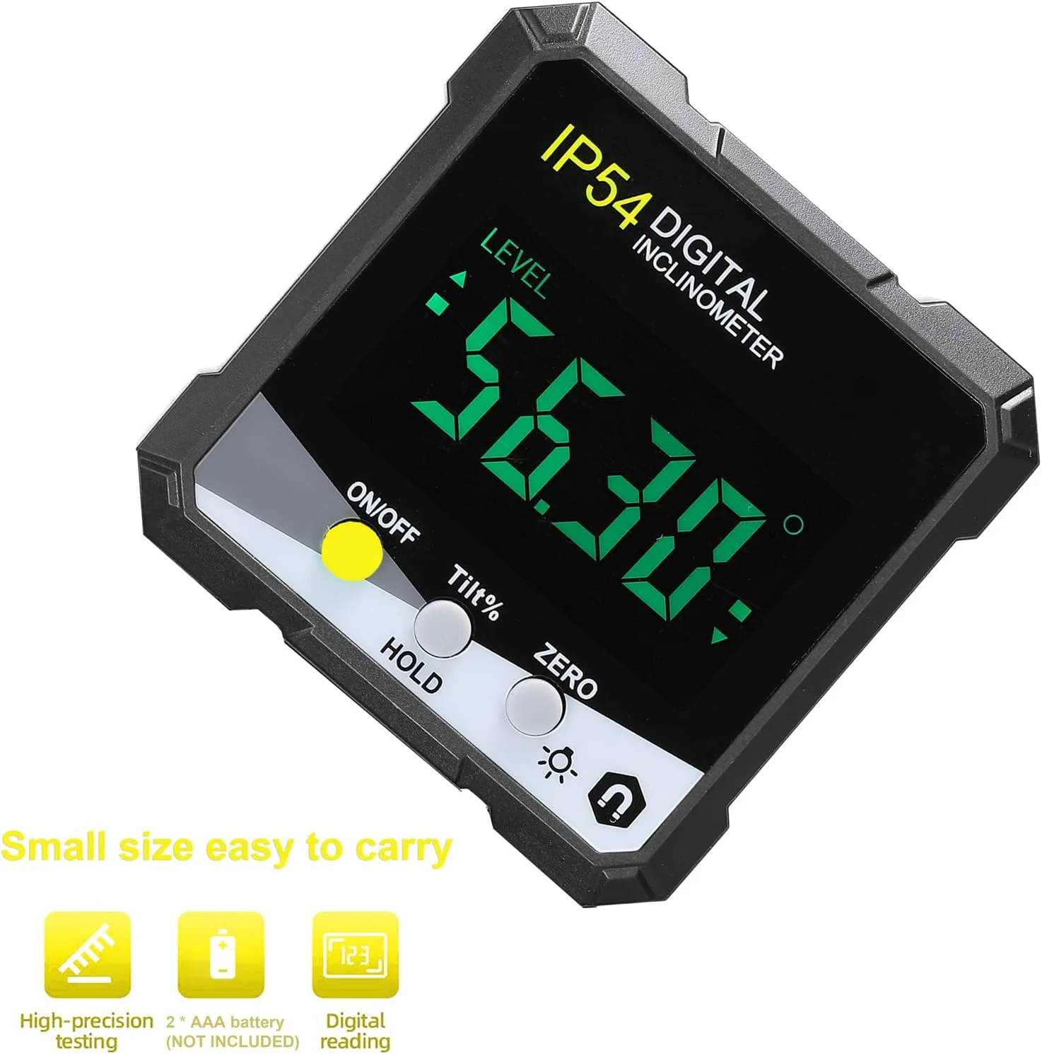 شیب سنج دیجیتال قابل حمل IP54 با نور پس زمینه LCD، زاویه سنج دیجیتال، تراز شیب، دارای آهنربای یک طرفه، چند منظوره، حالت اندازه گیری مطلق و نسبی، نگهدارنده داده