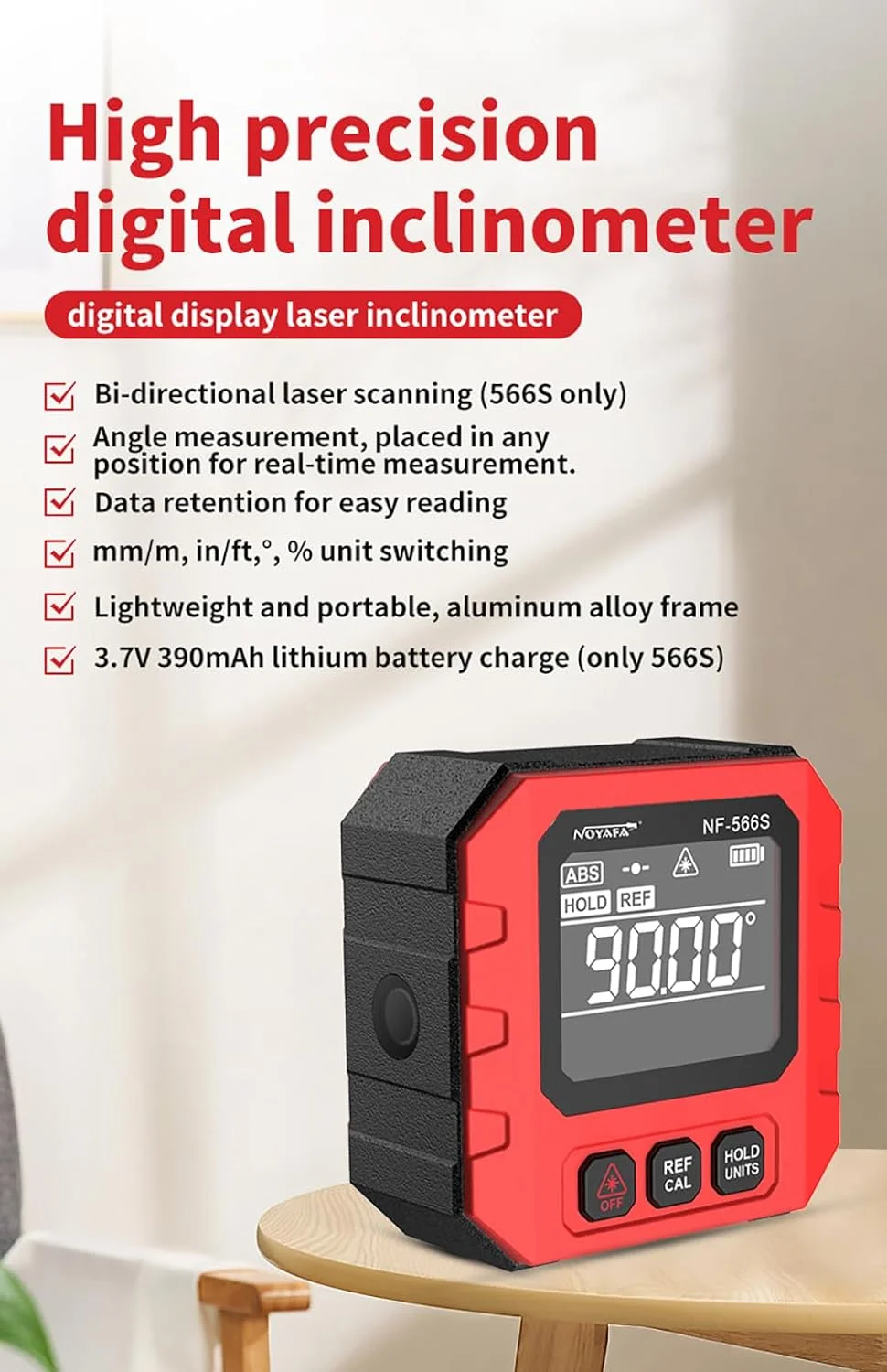 شیب سنج دیجیتال قابل حمل Fawoonu 4 * 90 درجه، ترازوی شیب، زاویه سنج دیجیتال پنج طرفه چند منظوره با عملکرد نگه داشتن داده