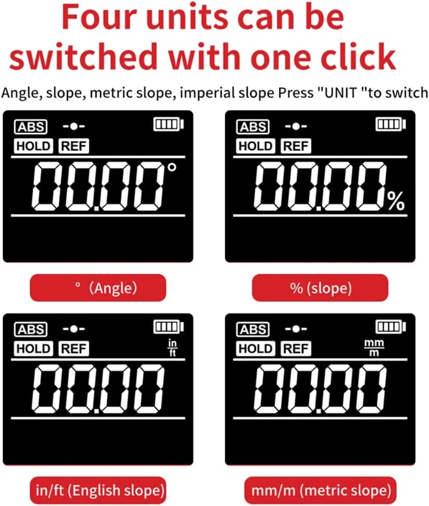 شیب سنج دیجیتال قابل حمل OUNA، 4 * 90 درجه، نور پس زمینه، زاویه سنج دیجیتال، شیب سنج، خط کش زاویه دیجیتال، آهنربای پنج طرفه، زاویه سنج چند منظوره با عملکرد نگه داشتن داده