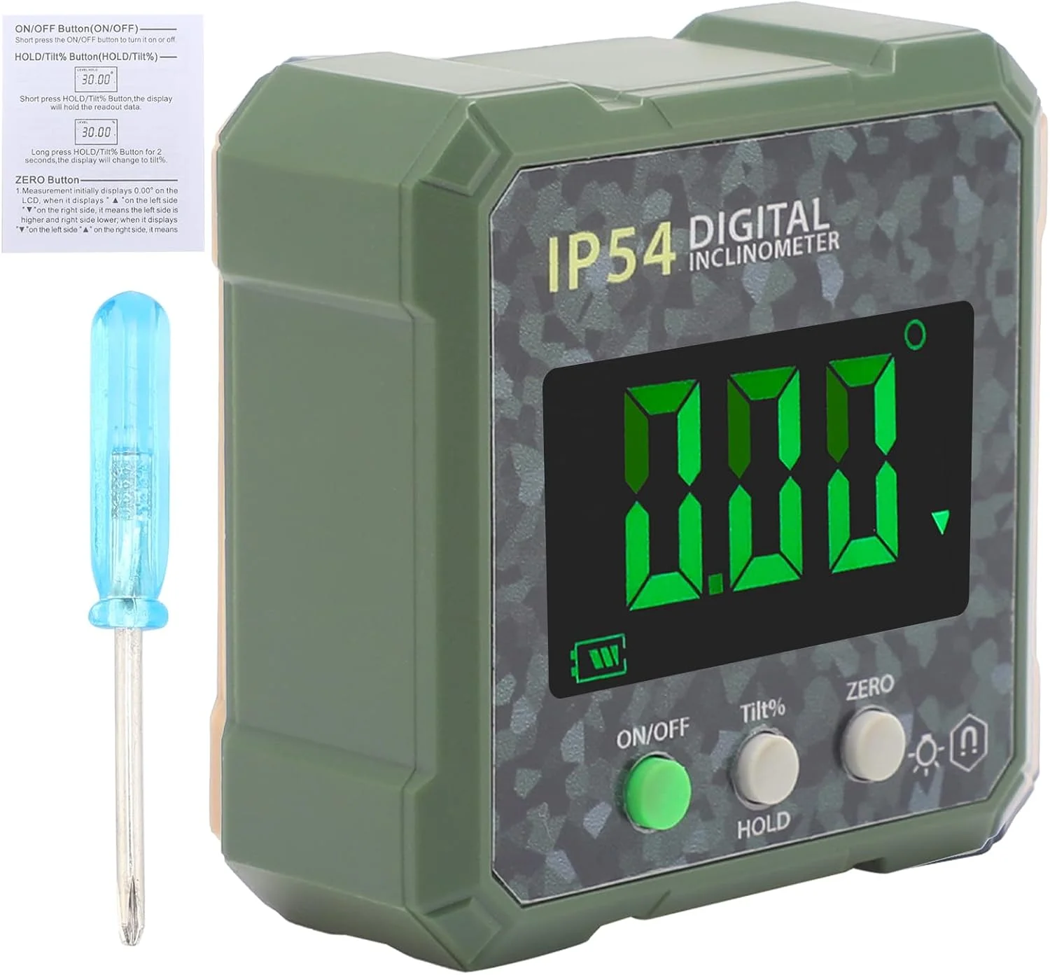 زاویه یاب دیجیتال Labymos، زاویه سنج دیجیتال کوچک با صفحه نمایش LCD و آهنربا، ترازوی شیب سنج ضد آب برای نجاری، مخابرات، خودرو، سبز استتاری