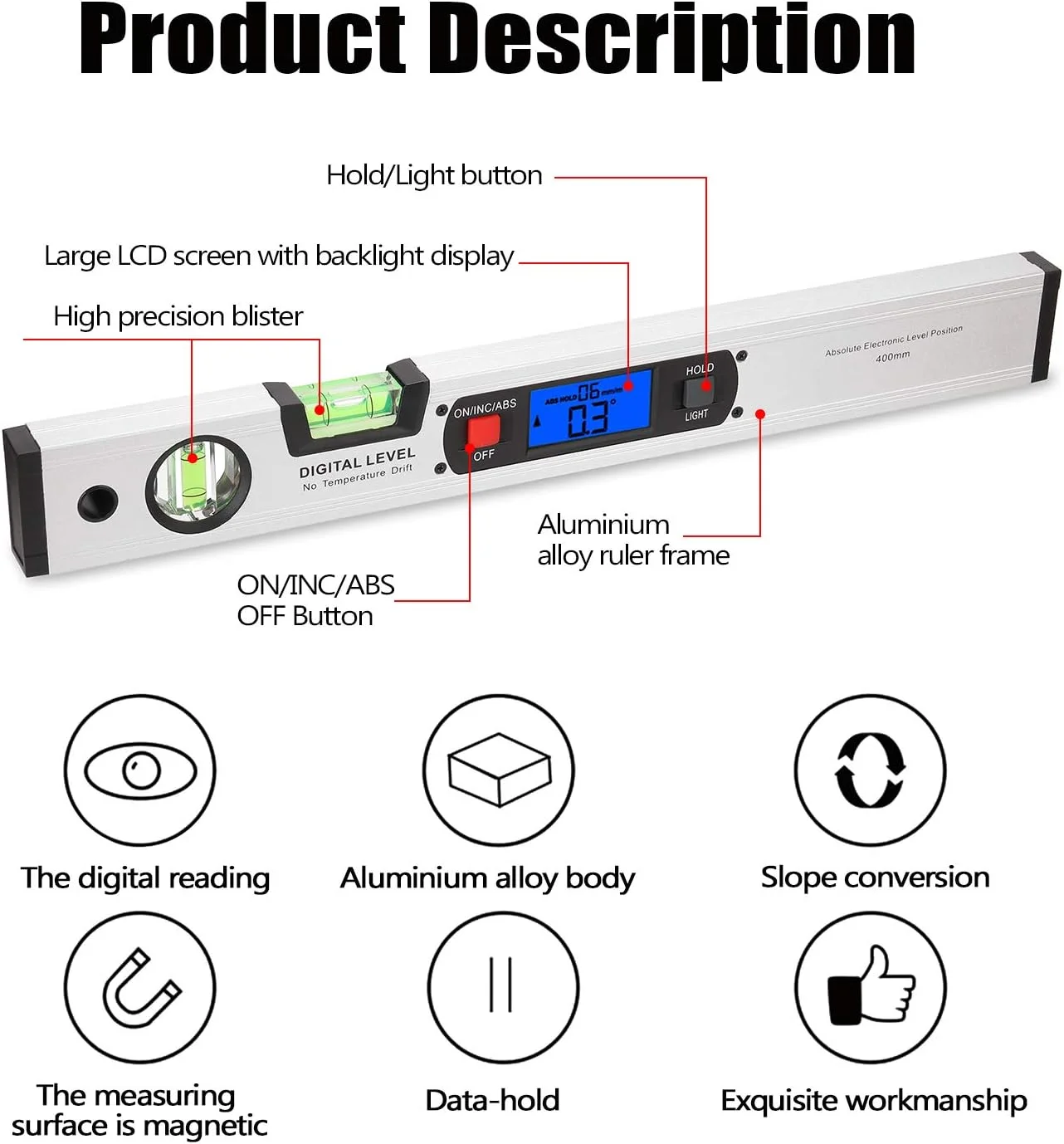 زاویه یاب دیجیتال 400 میلی متری Labymos، تراز الکترونیکی 360 درجه، شیب سنج با تستر زاویه، خط کش دیجیتال